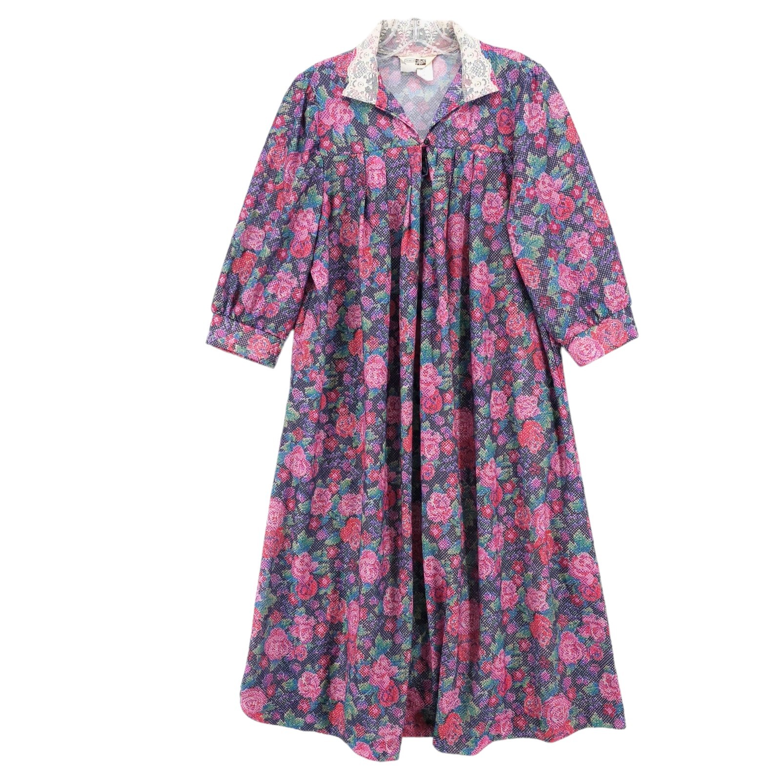 SEARS Vintage House Dress Floral 3/4 Sleeve Lace Trim Collar Size 14 1/2