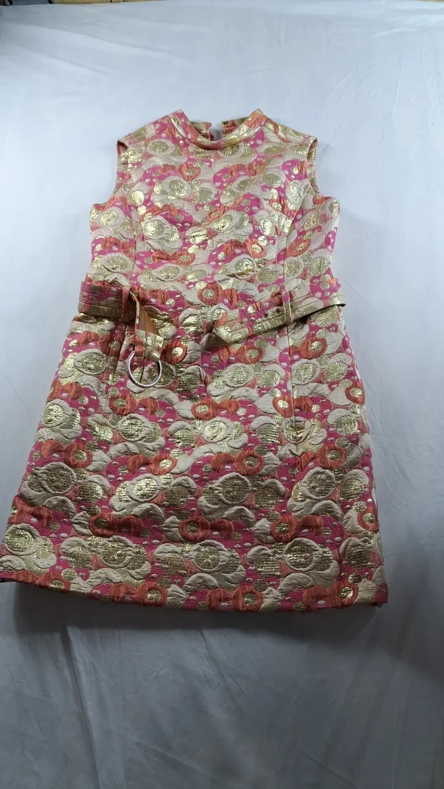 Vintage Women’s Brocade Jacket Skirt Set Pink Gold Metallic Circle Pattern