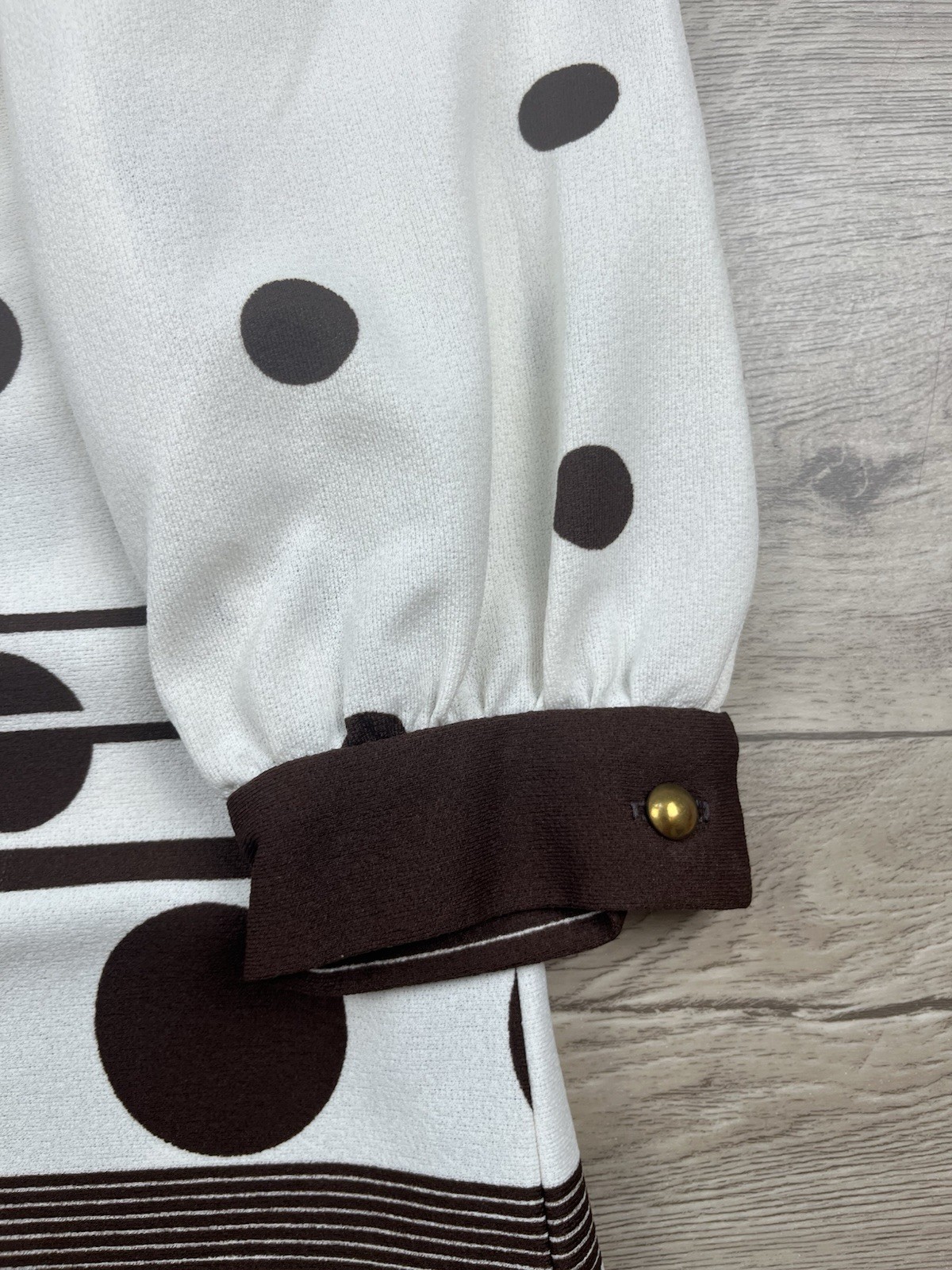 VTG 1960s Mod L’AIGLON Dress Belted Polka Dot Striped Brown White MCM Long Slv
