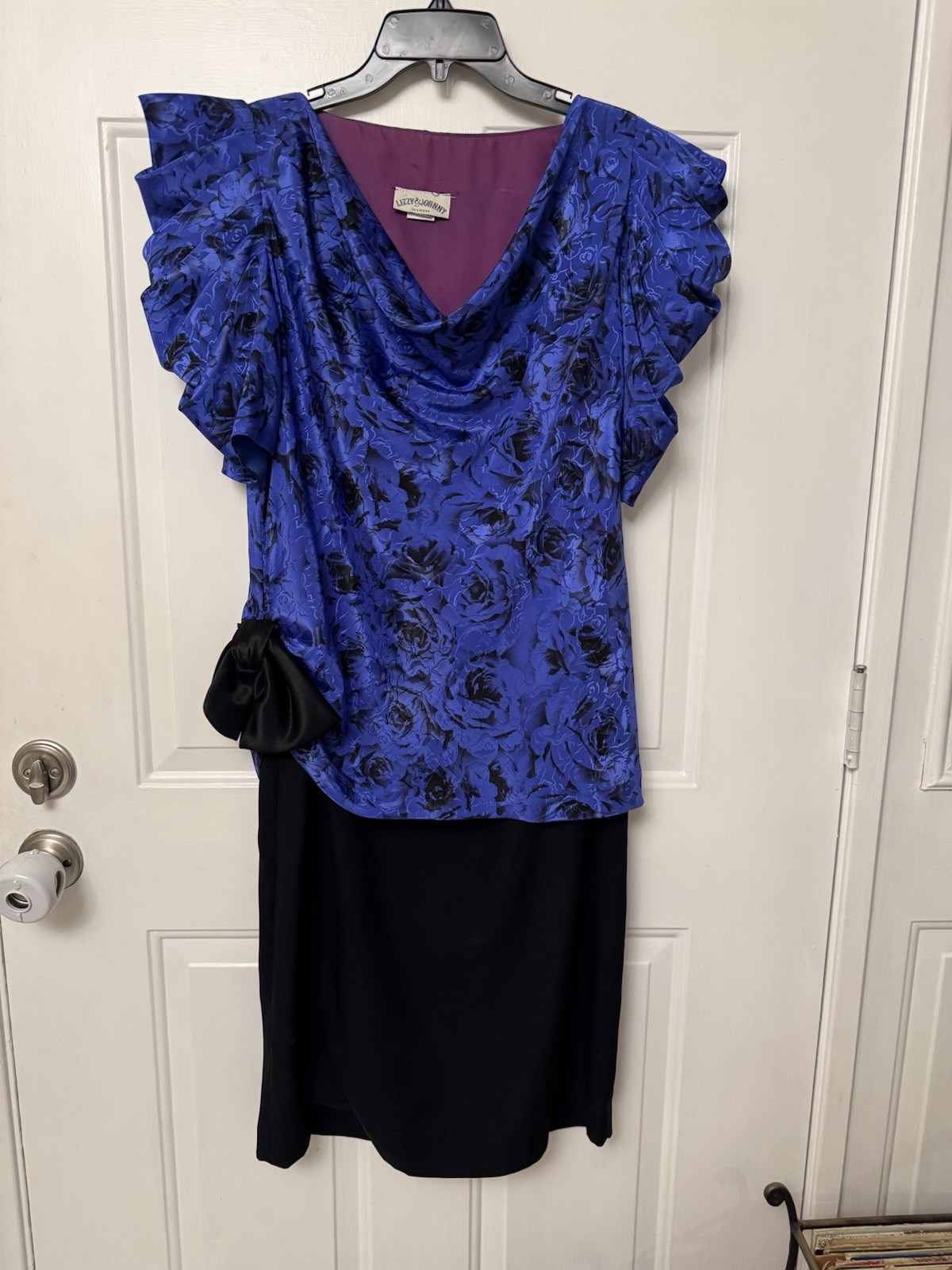 Vintage Lizzy & Johnson Blue Floral Dress Sz 9/10 80s Shoulder Pads