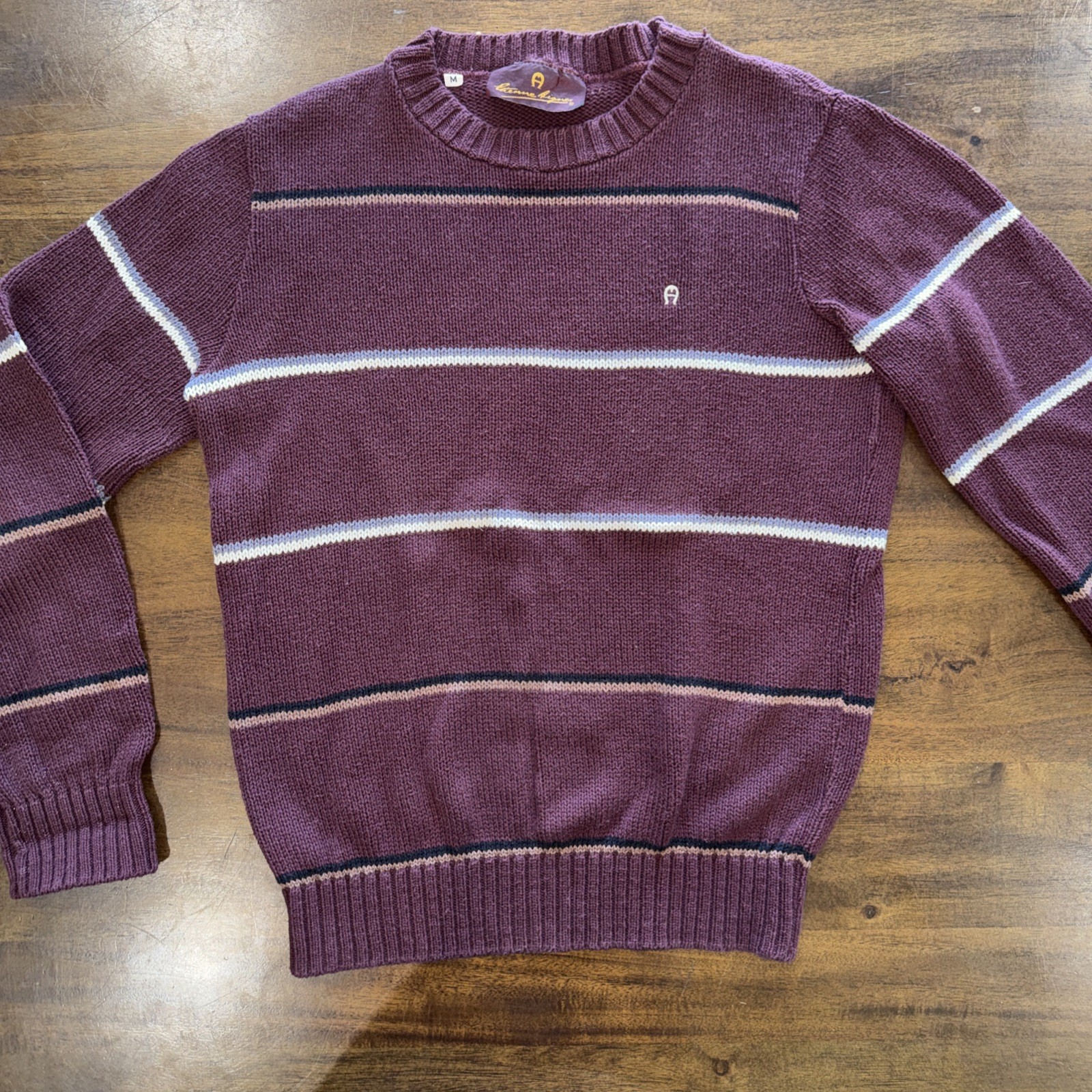 Vintage 70s ETIENNE AIGNER Womens M Cotton Sweater Union Tag USA Burgundy Stripe