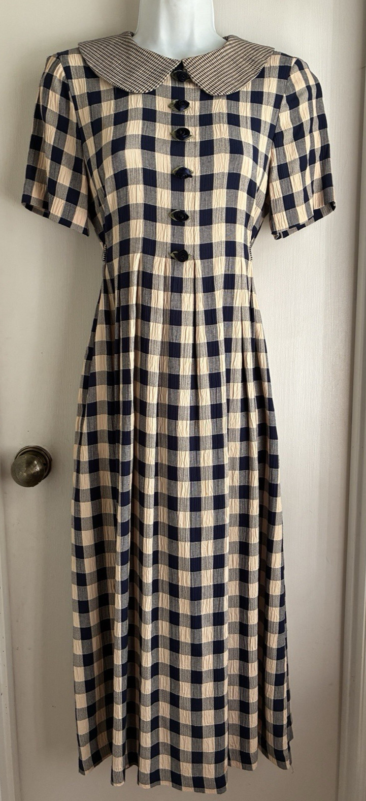 VTG 1980s JBS Ltd Beige Navy Gingham Tie Back Rayon Cottagecore Dress Sz 6P