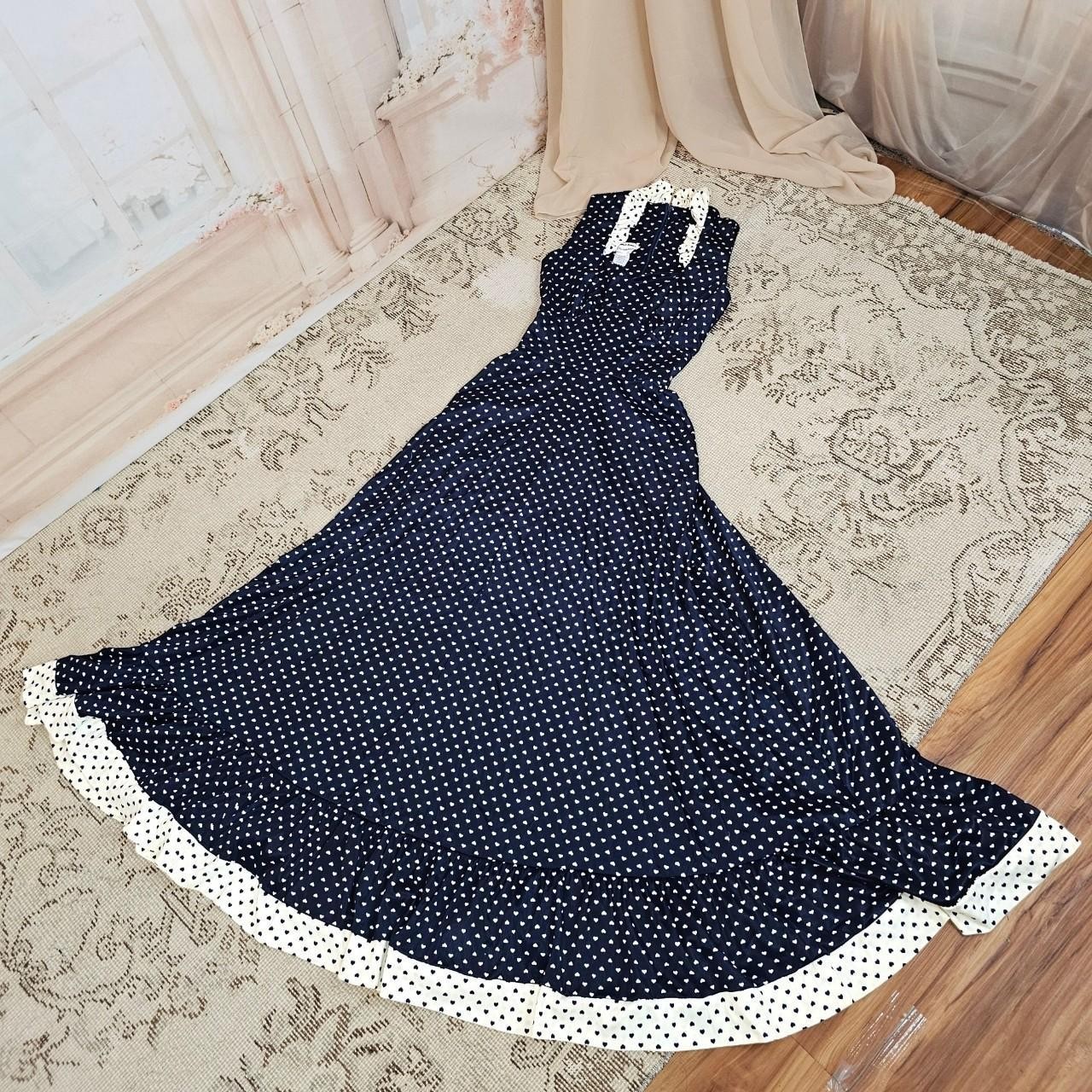 Vintage 1970s Dress Navy Blue White Hearts Ruffle Sweetheart Neckline Maxi