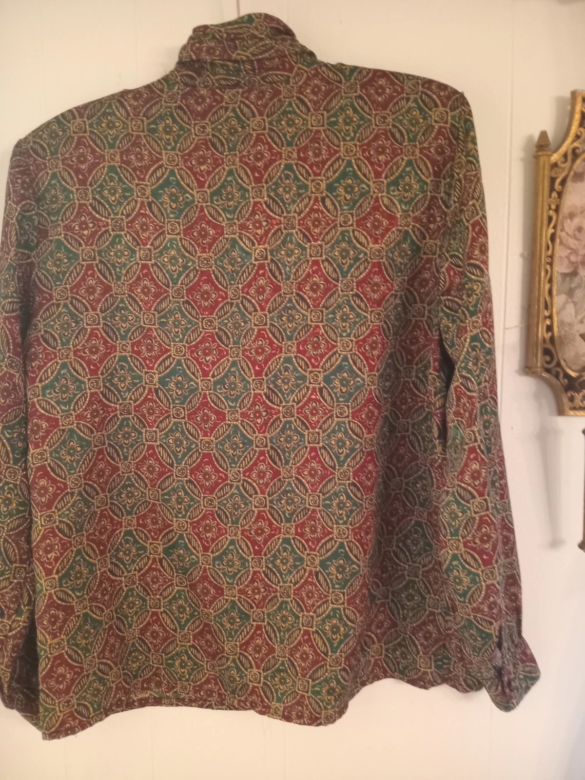 Vintage Cute Blouse, Button Down, Red and Green with Gold Details