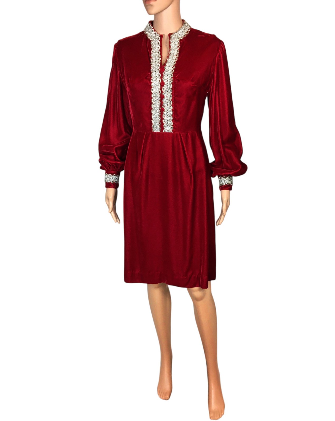 Vintage 60s 70s Red Velvet Renaissance Silver Trim Edwardian Dress S-M