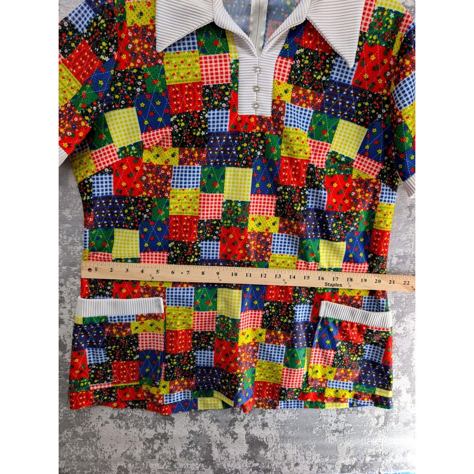 Vtg Crest Patchwork Quilt Print Collared Short Sleeve Tunic Top Pockets Large