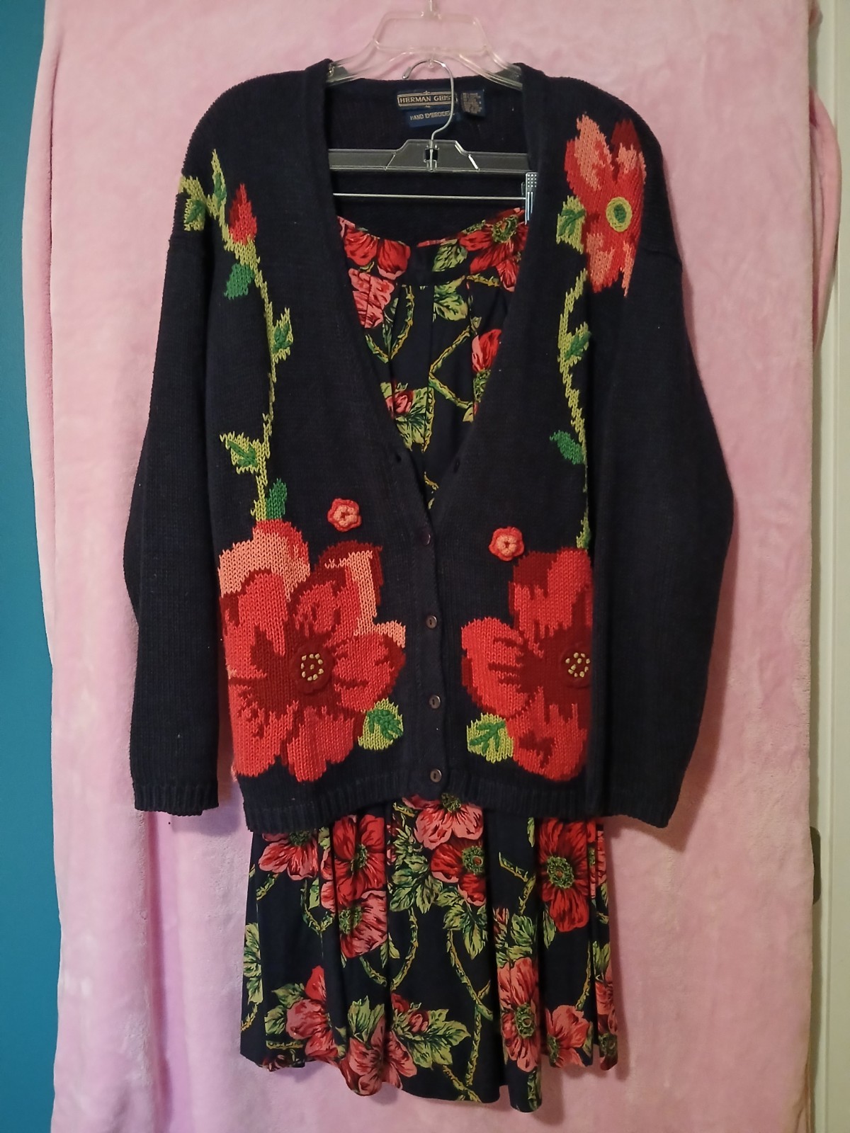 Vtg Herman Geist Navy Sweater & Skirt Outfit – Size M – 90s –