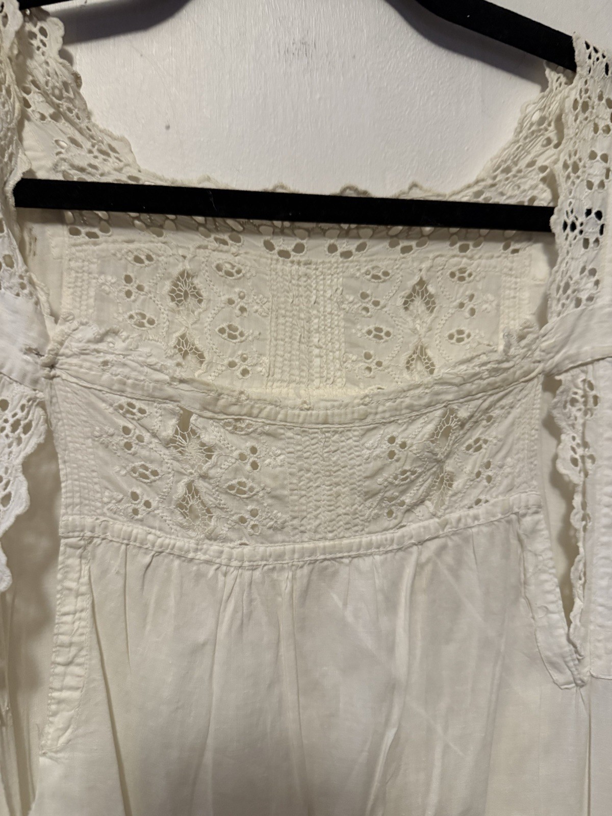 Antique 1910s Edwardian White Cotton Chemise Nightshirt Floral Embroidery Eyelet