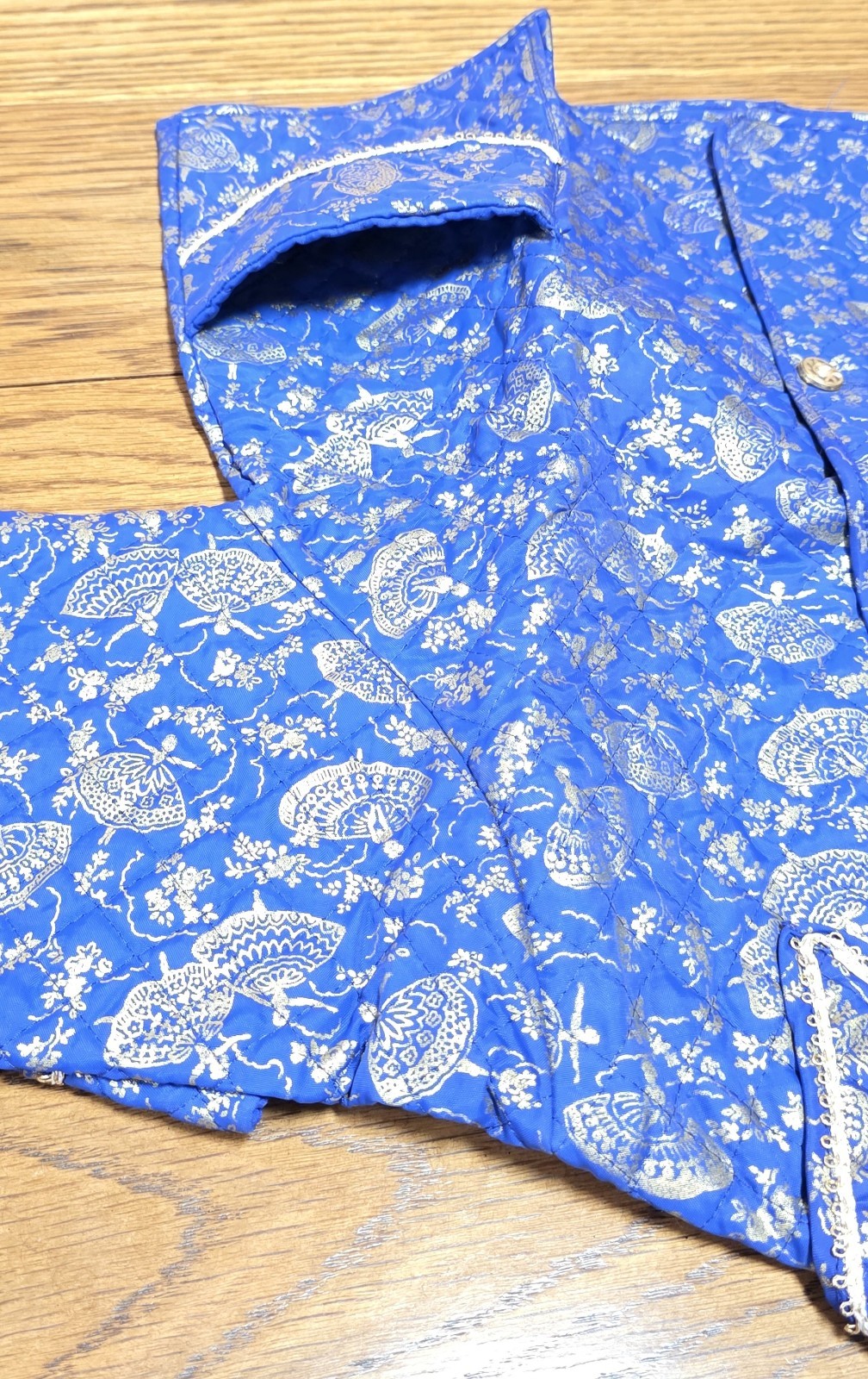 Vintage Blue Oriental-Style Button Front Jacket w/ Gold Lace Trim, Size 4