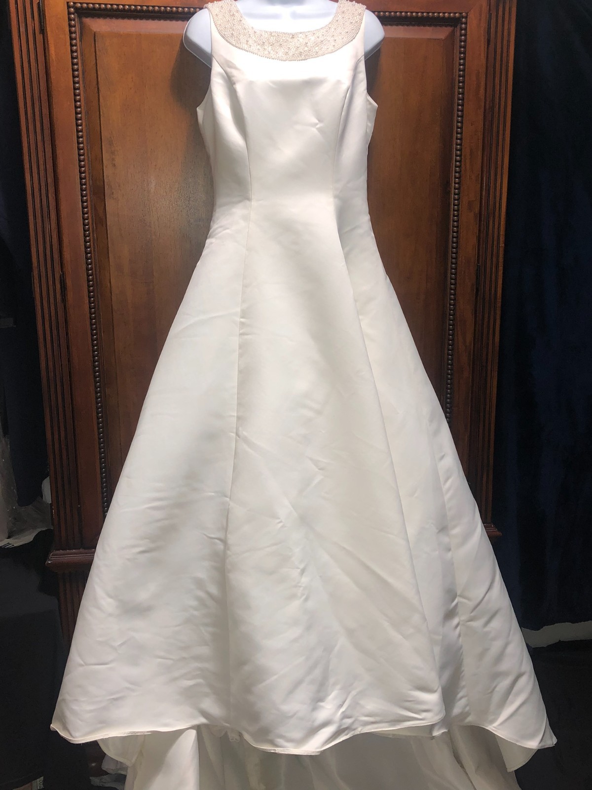 Vtg Alfred Angelo Satin Wedding Dress 12 Arlauret Slip Pearl Headpiece Set