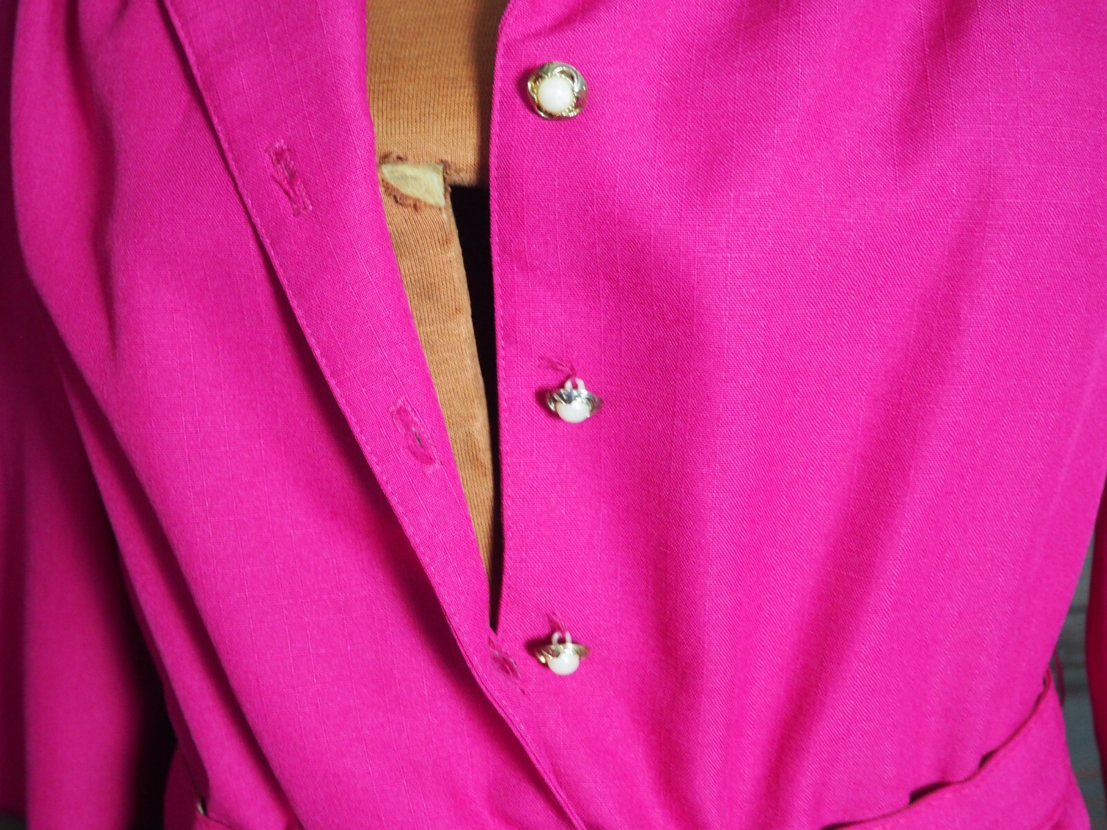 VTG 80s Fuchsia Pink Button Belted Preppy Party Dress Shoulder Pads 3/4 Sleeve M