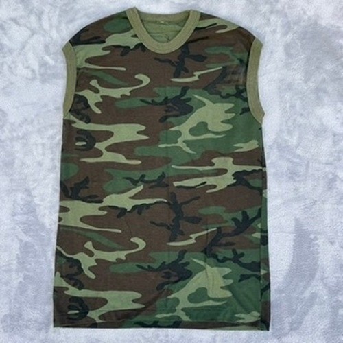 Vintage Woodland Camo Sleeveless Muscle Tee Shirt Green Camouflage Tank 70s