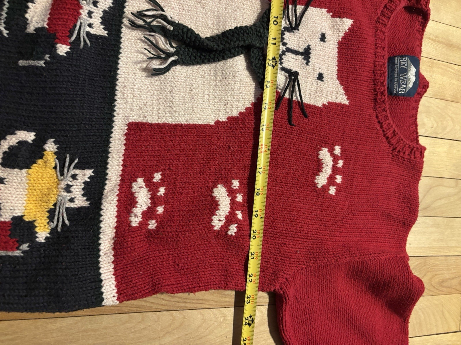 Vintage Rey Wear 100% Cotton Hand-Knit Sweater Cat Christmas Holiday winter XL