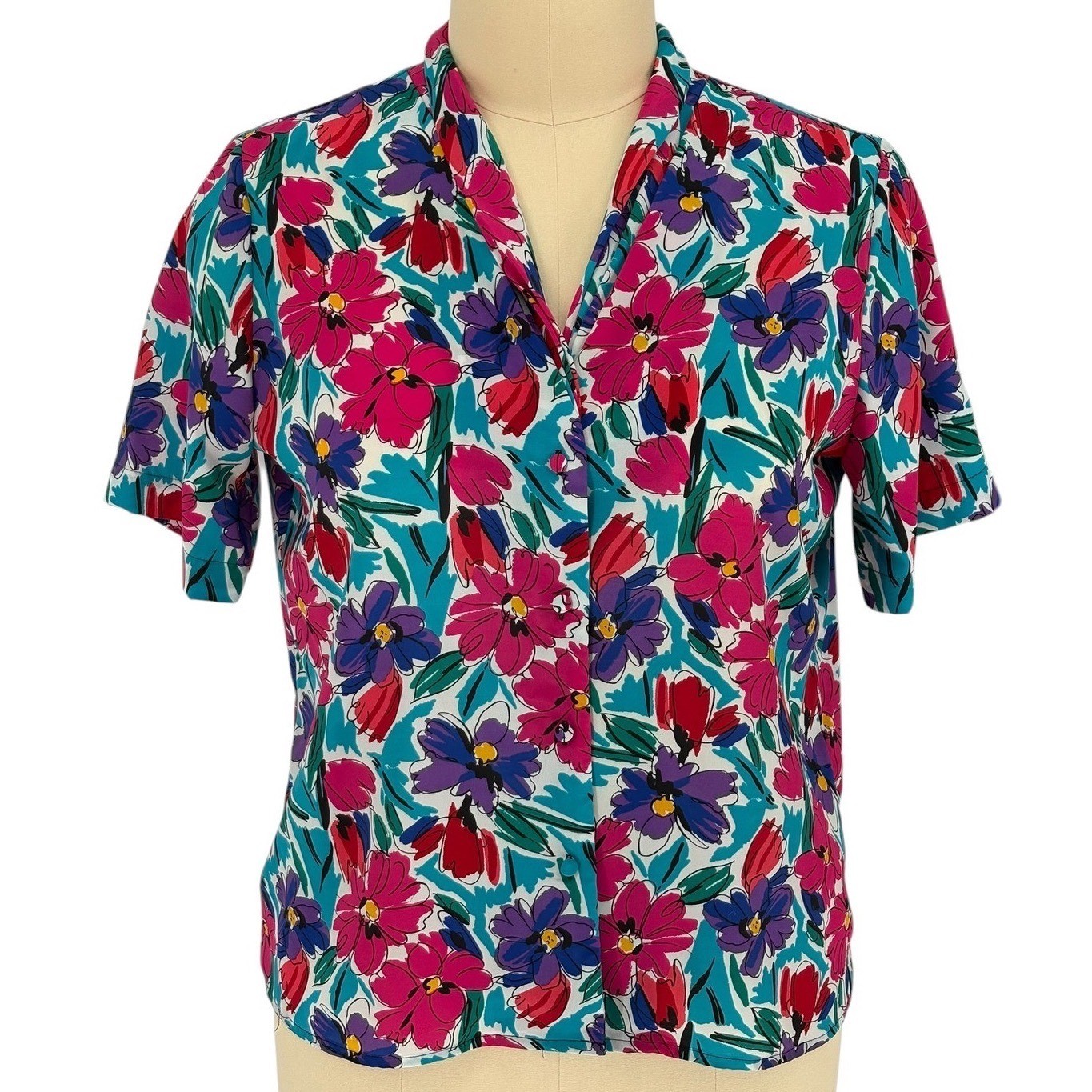 Sellecca Vintage Floral Button Up Blouse Teal Pink Purple Short Sleeve Size 16