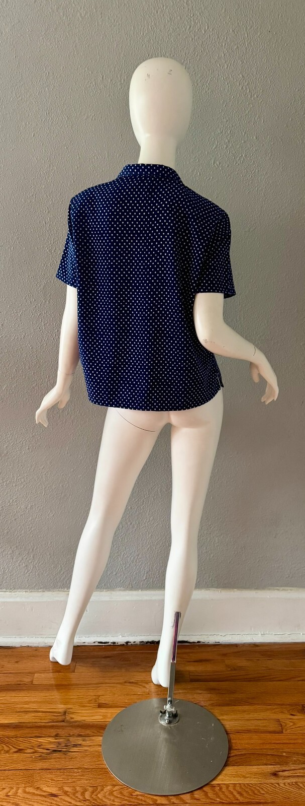 Vintage 80s Navy Blue Polka Dot Nautical Boxy Button Top Blouse M