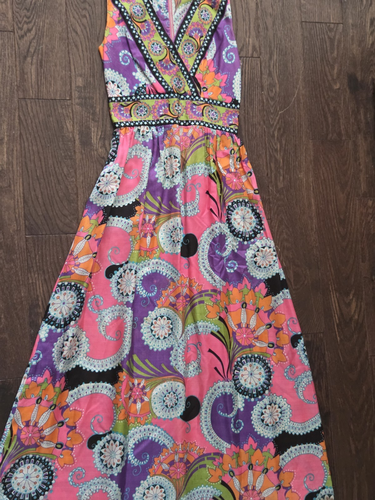 Vintage 70s Psychedelic Paisley Floral Maxi Dress Pink Purple Boho Hippie S