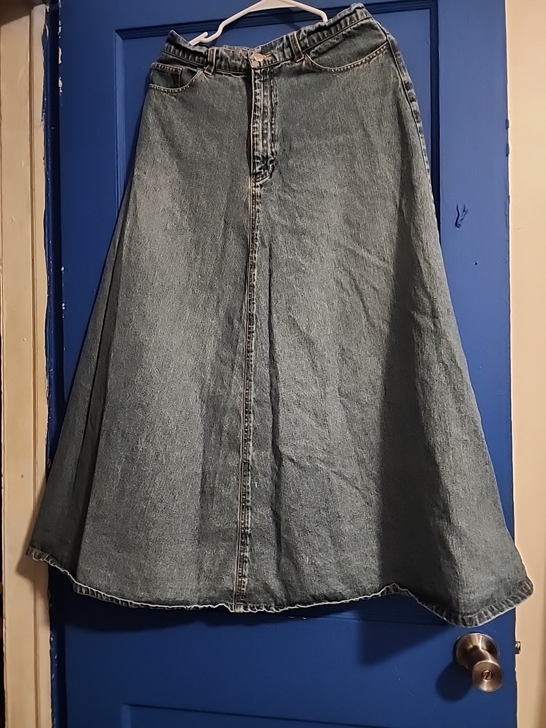 Vintage Denim Agapo Maxi Skirt blue 100% Cotton 5 Pockets Zip An Button Front