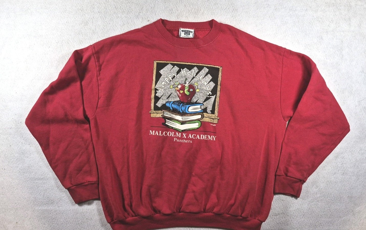Vtg Lee Brand Malcom X Academy Panthers 1995 Red Sweater Happy Holidays Size XL