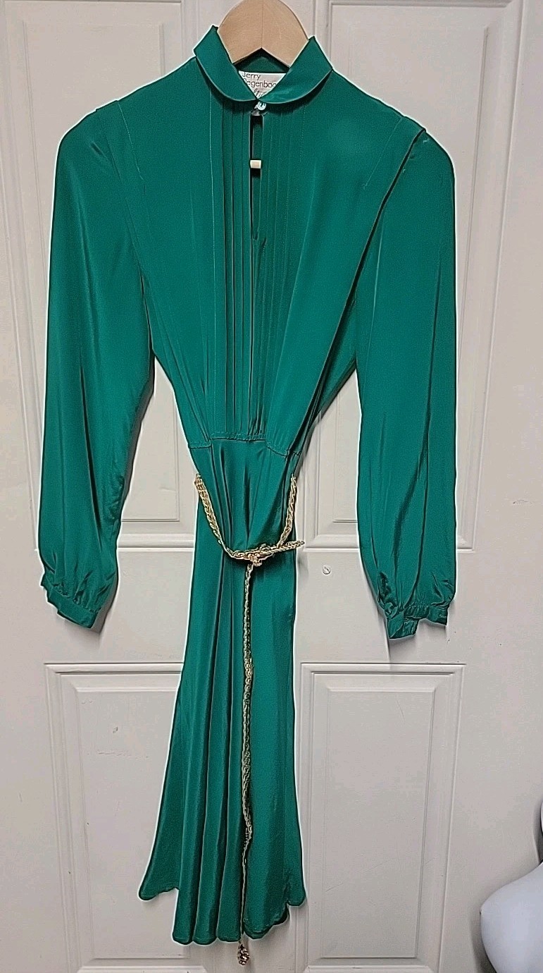 Vintage 80s Jerry Regenbogen Silk Dress Retro Glam Green