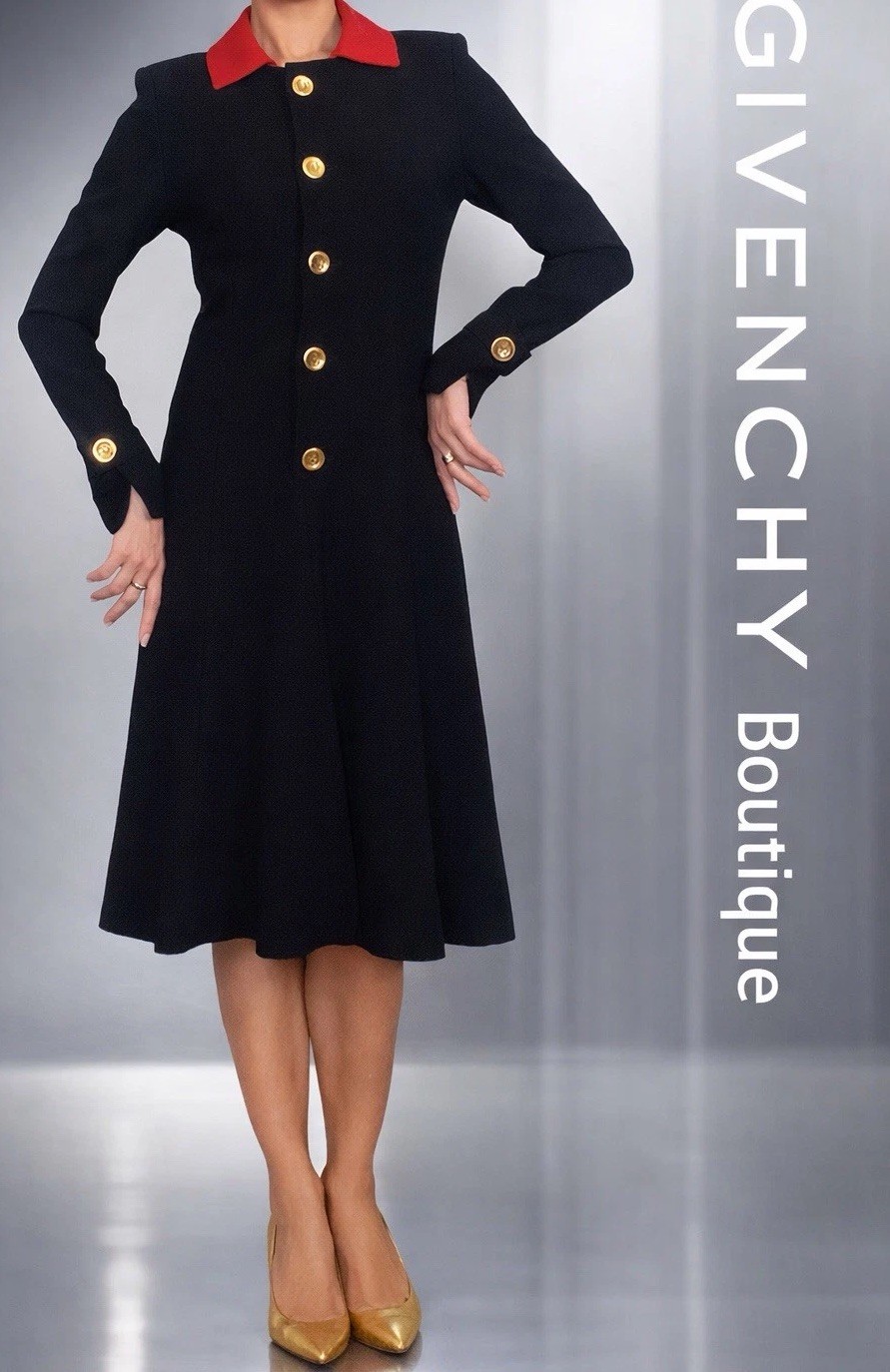 Vintage GIVENCHY Boutique Black Wool Dress Red Collar Gold Buttons 80s 90s SZ36