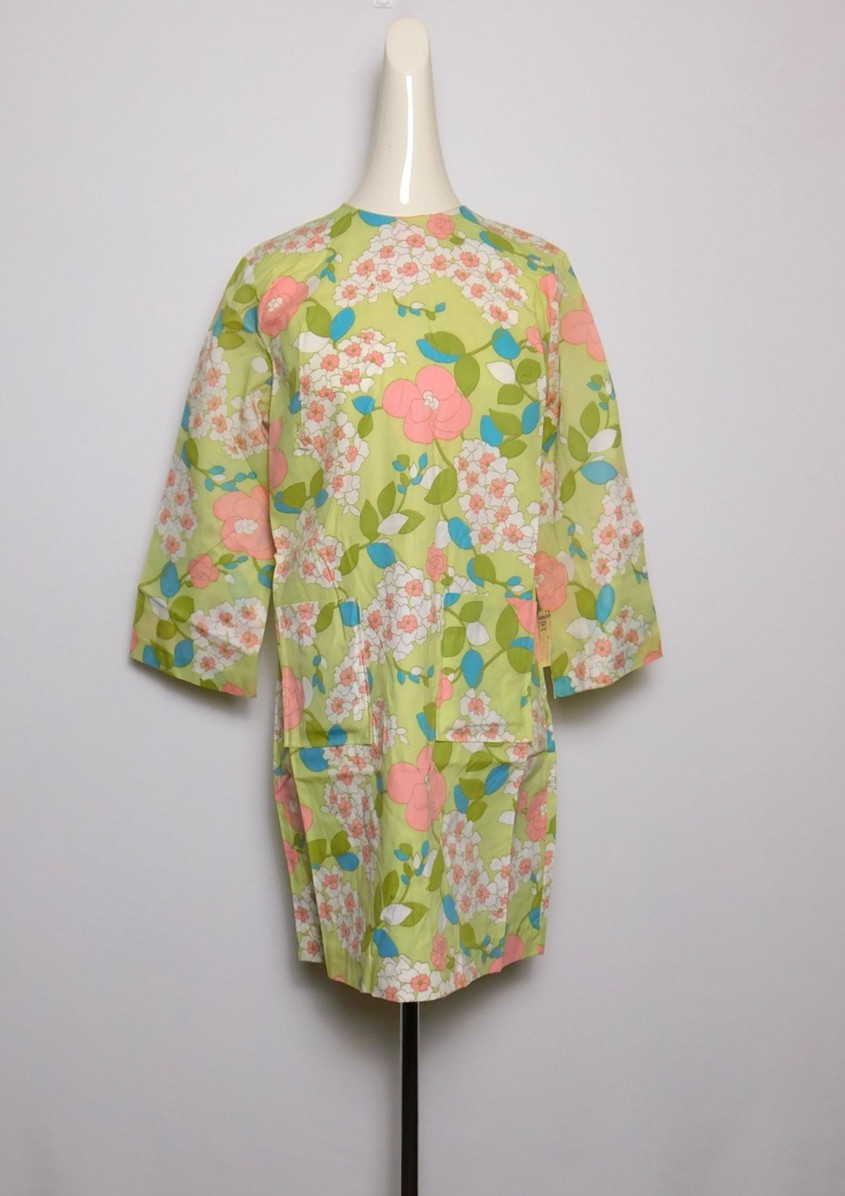 NWT Vintage Women’s 1960s Celadon Green Floral Cotton Blend Shift Dress 15/16