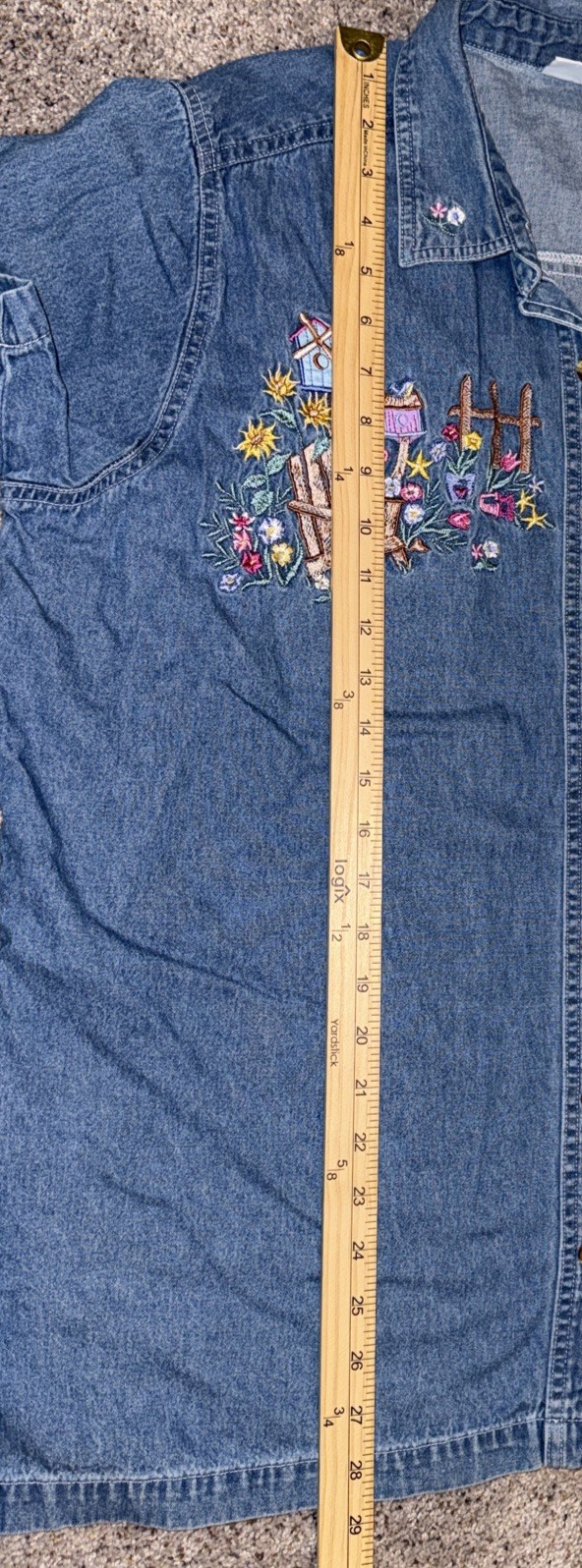 Womens 14/16W Denim Shirt Embroidered Floral Bear Garden Cottagecore Grandmacore