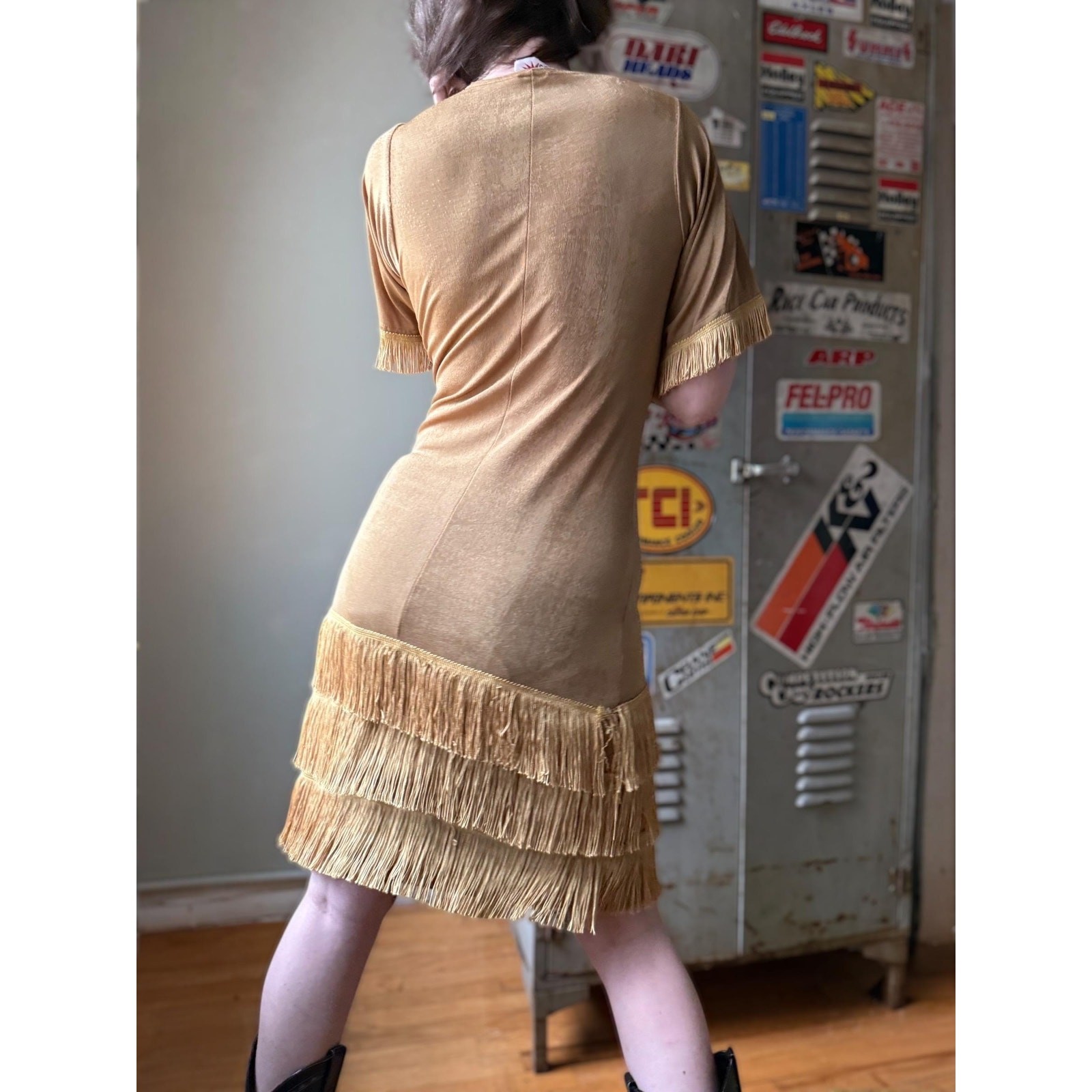 Vintage 70s Metallic Fringe Dress | Disco Cowgirl Knit Mini | Studio 54 | Size M