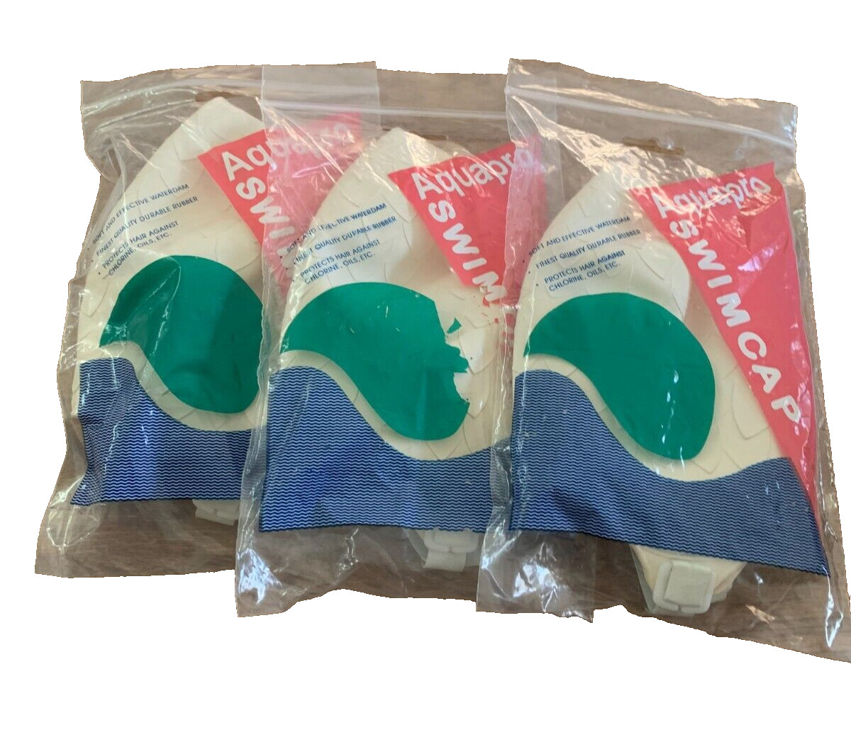 3 Swim Bathing Cap Aquapro Aqua Pro 5185W Rubber Cream Textured Vintage NEW NIP