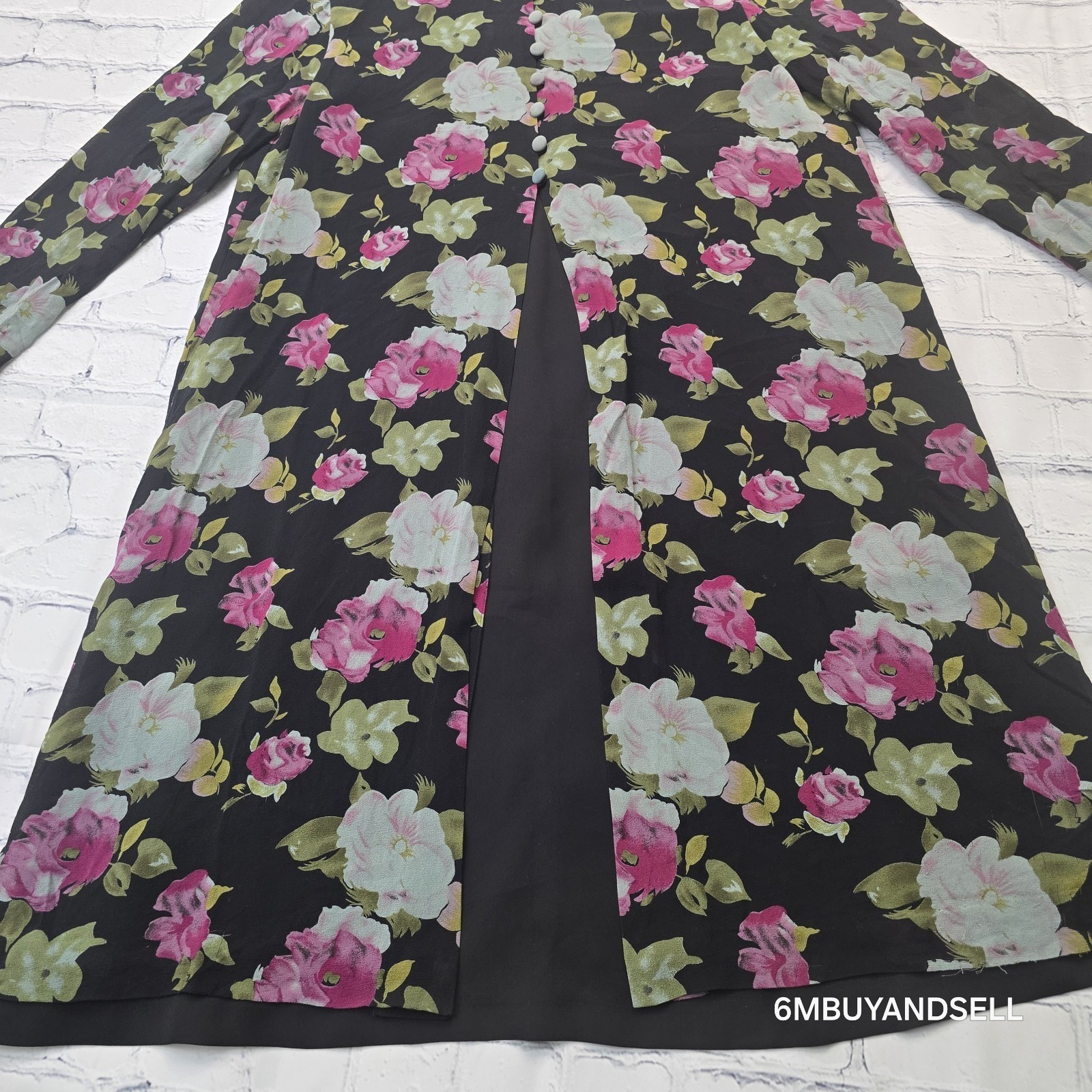 Evan-Picone Vintage 90s Silk Floral Midi Dress 12 Black Pink Purple 3/4 Sleeve