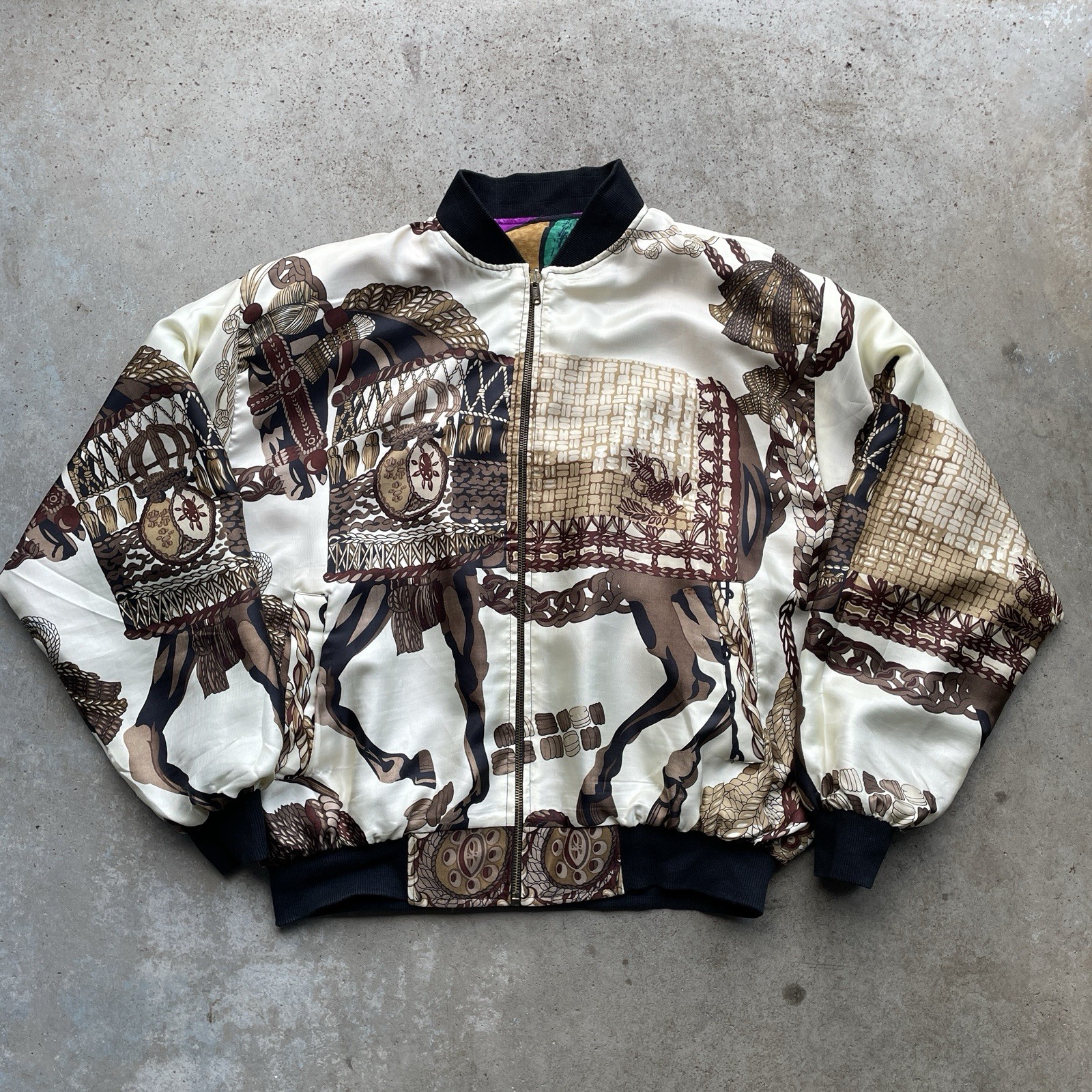 Rare Vintage 80’s Reversible Silk Picasso Art Bomber Jacket Woman’s XL Padded