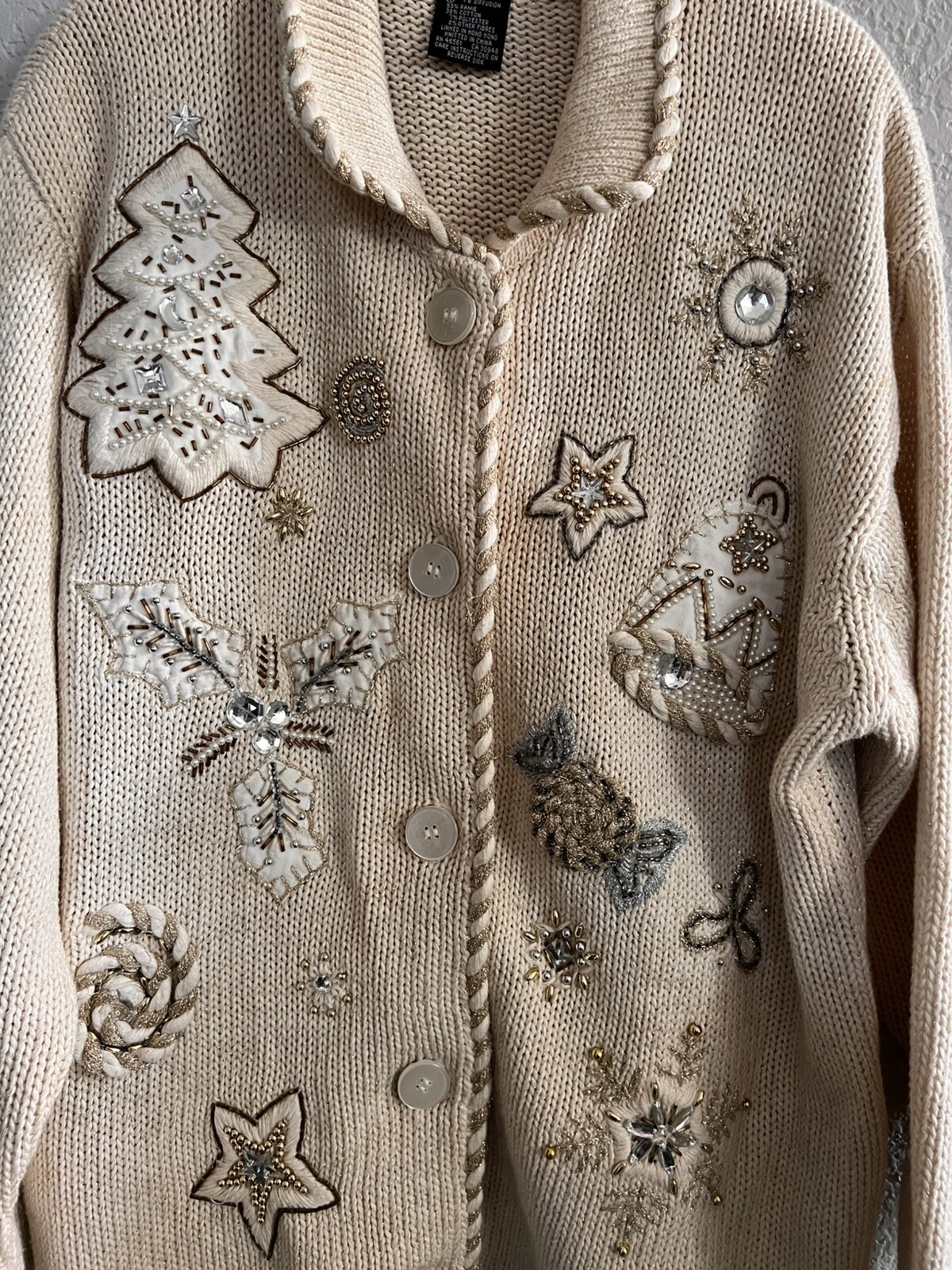 Vintage IB Diffusion Cream Gold Embroidered Bead Sweater Holiday Cardigan – LG
