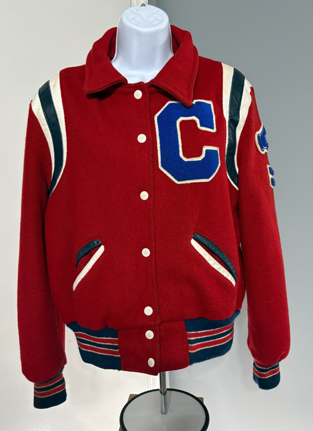 VTG 80’s Varsity Letterman Jacket Wool-Blend Leather-Trim Red Cheerleading M/L