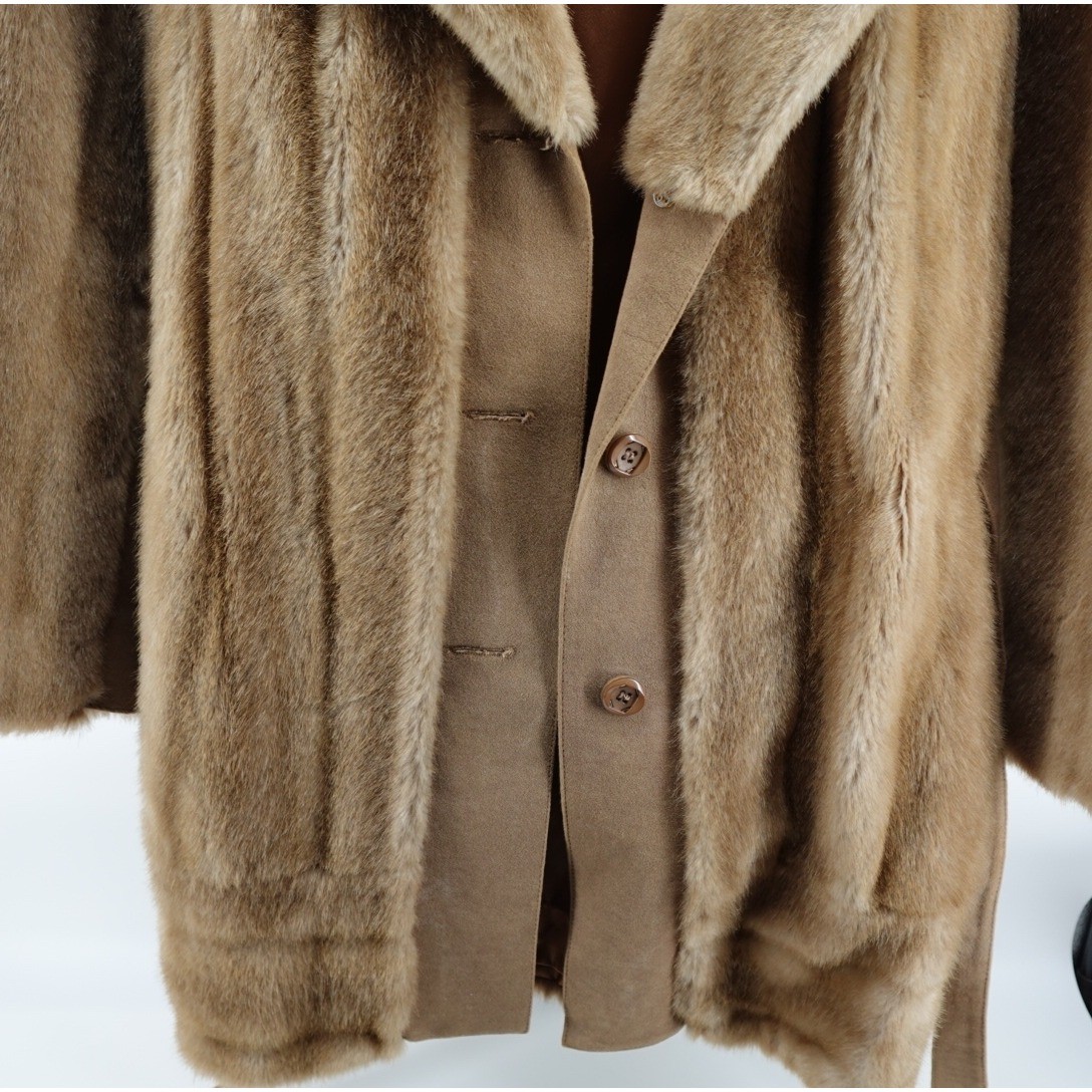 Vintage Furrage Tissavel France Faux Fur Coat Brown Belted Mid Length Jacket