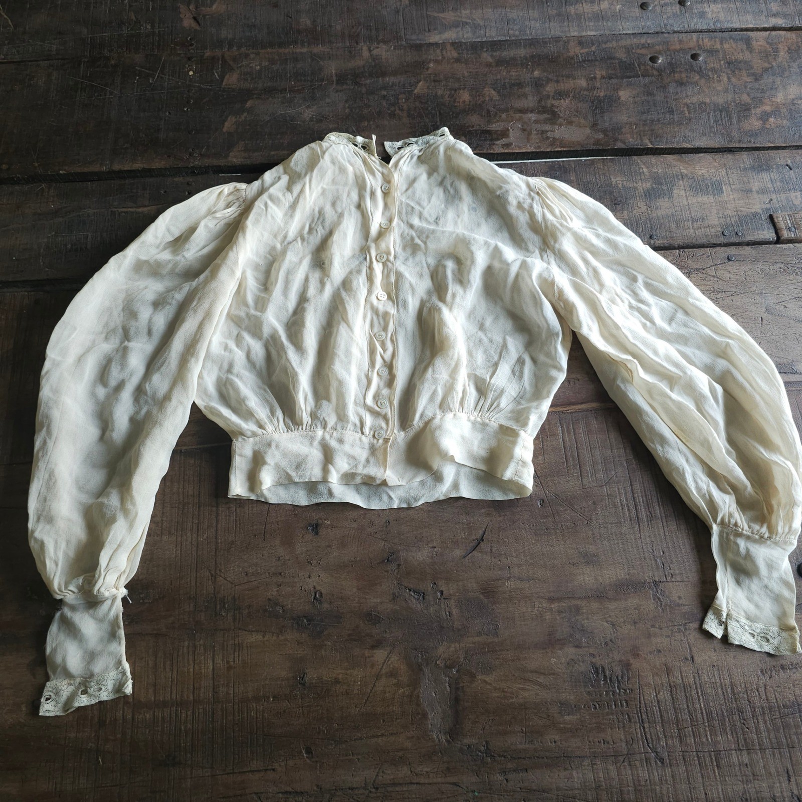 Antique Edwardian Pigeon Breast Blouse Lace Trim Bishop Sleeve Cream Top AS IS