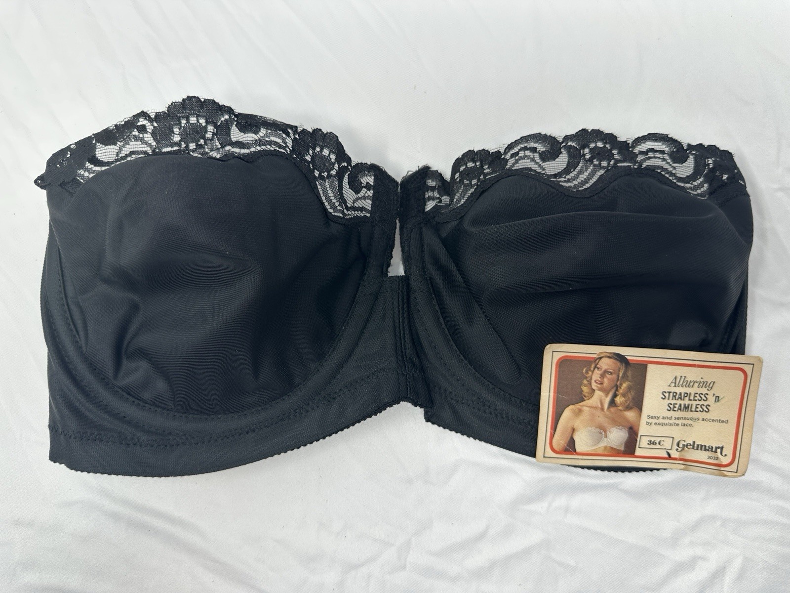 Vintage Strapless Underwire Bra Gelmart 36C ~ Black Lace Seamless NWT NOS #C150