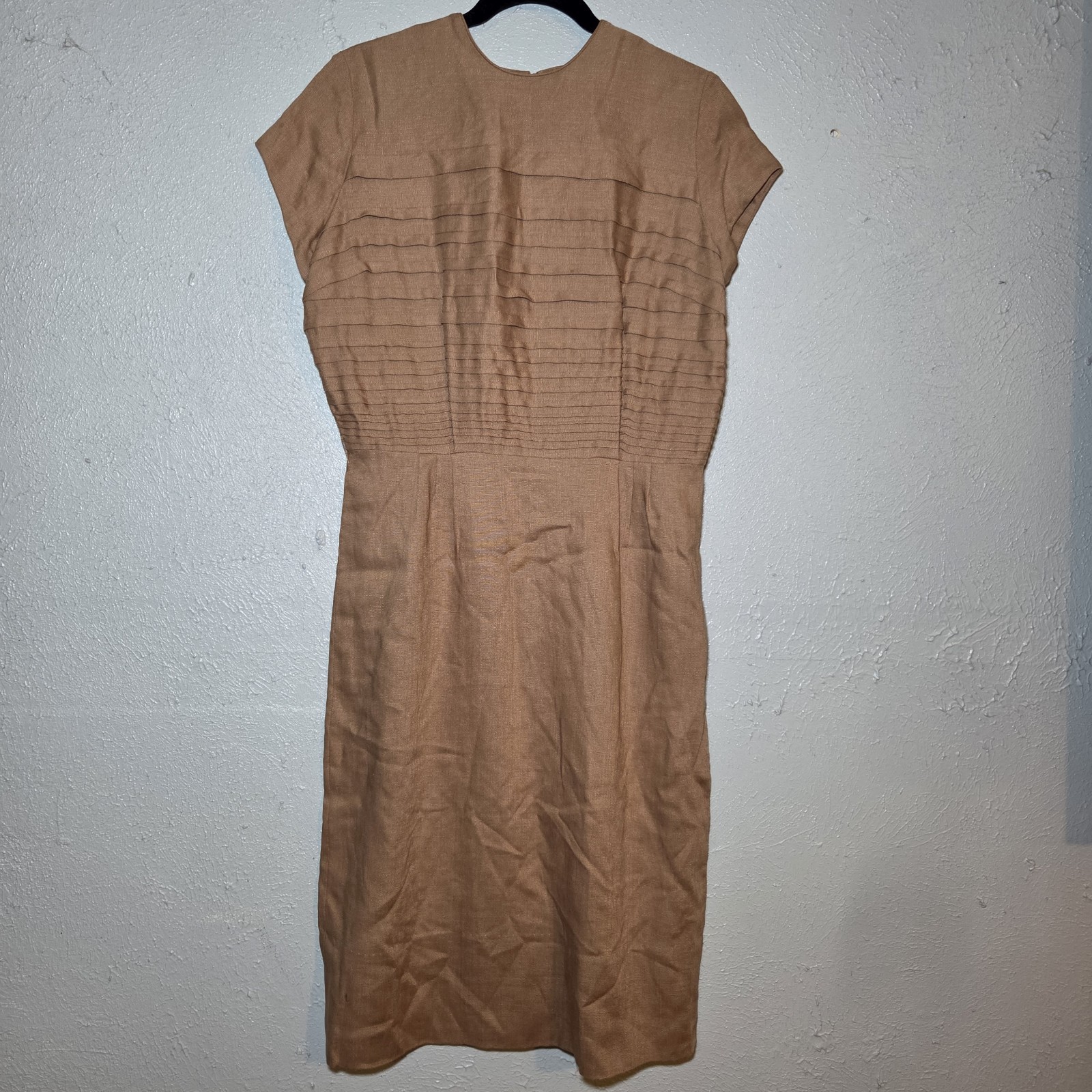 Vintage Donovan-Galvani Irish Linen Dress Minimalist Prairie Modest Tan 60s L