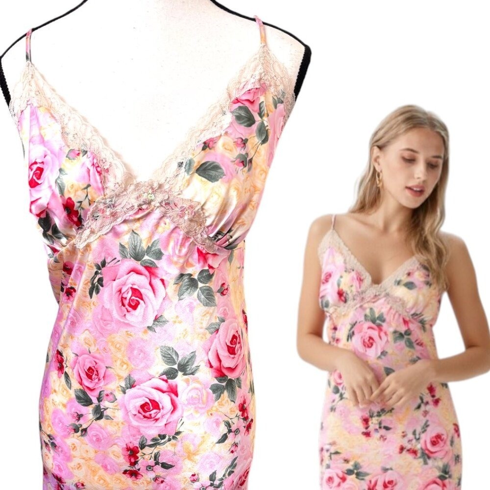 Y2K VINTAGE PINK ROSES SATIN LACE TRIM MINI DRESS SIZE 1X 16-18