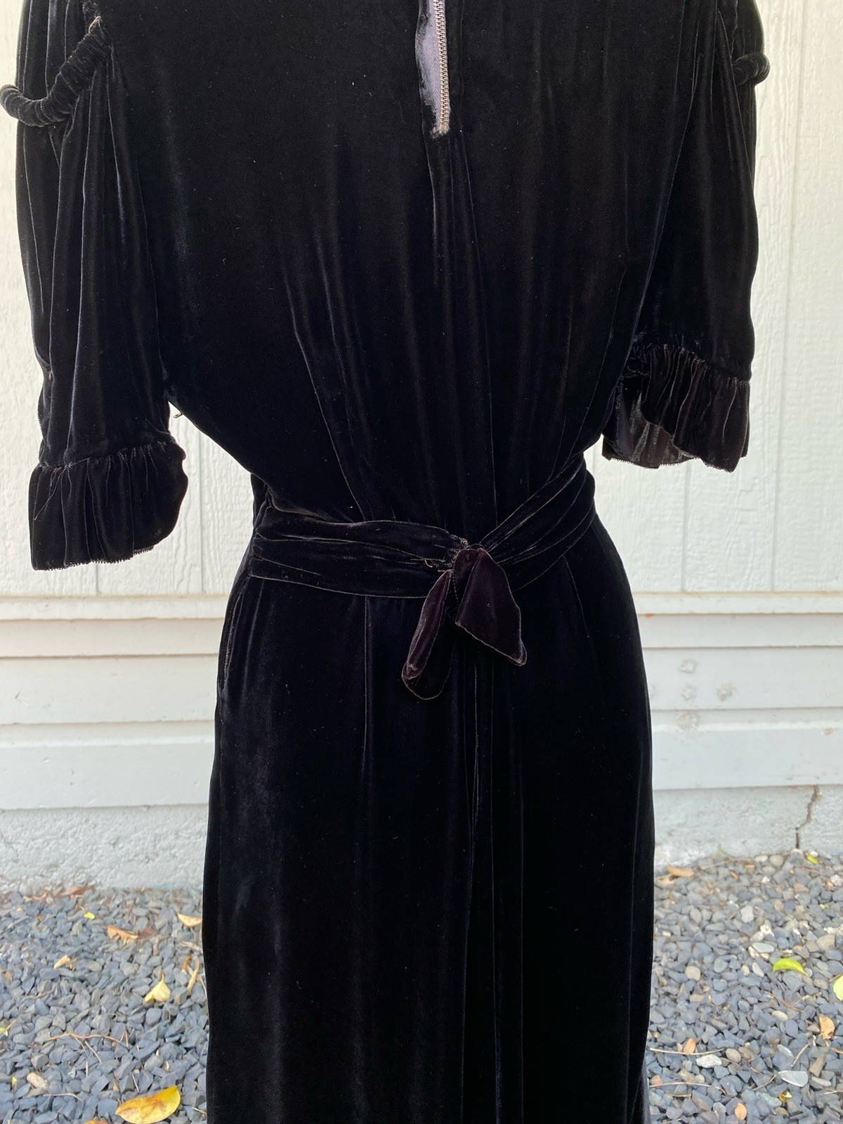 1930s Black Velvet Evening Dress Puff Sleeve Art Deco Gothic Original Zip XS