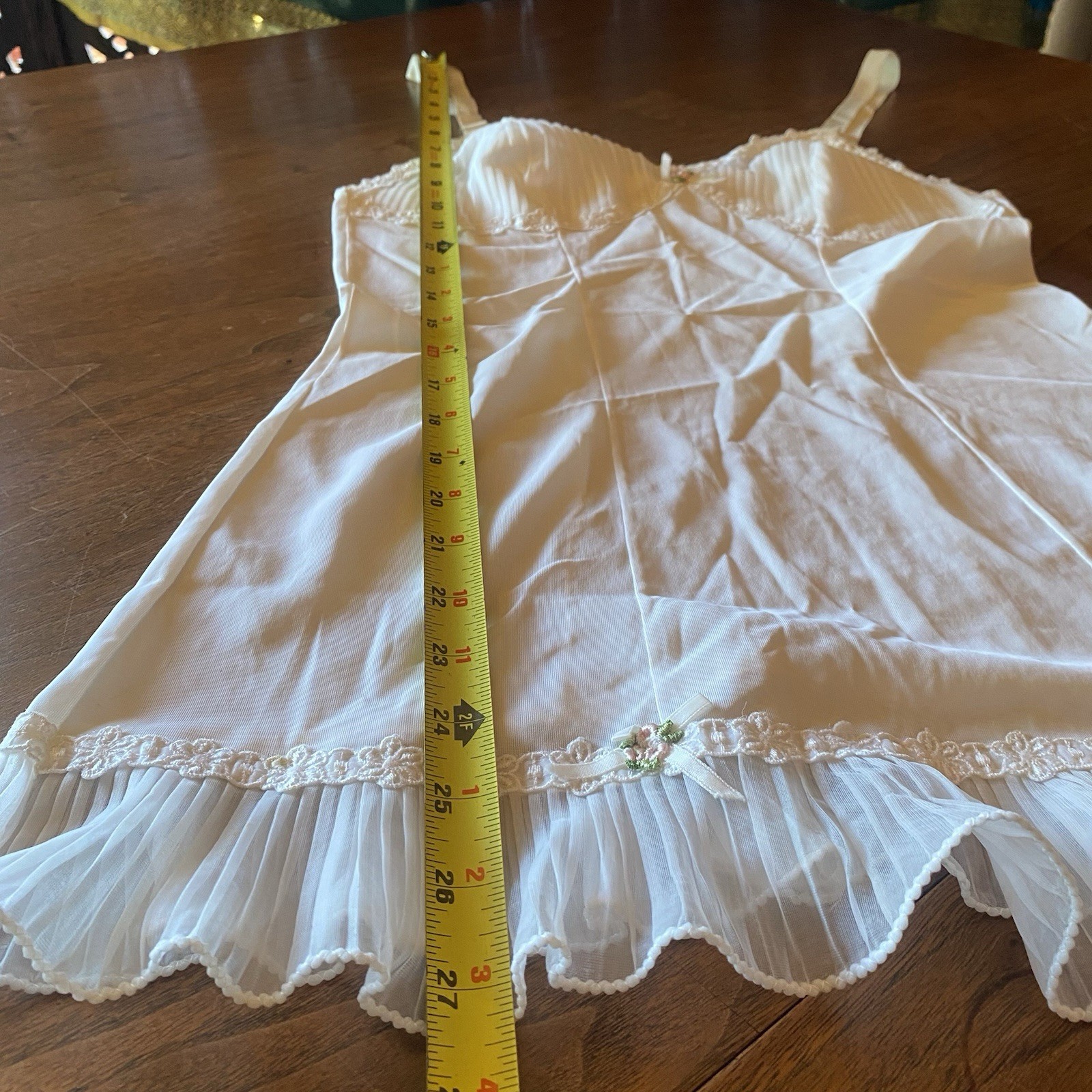 VTG Ivory Lace Mini Nightgown Slip Dress Womens S Ruffle Boudoir Cami Coquette