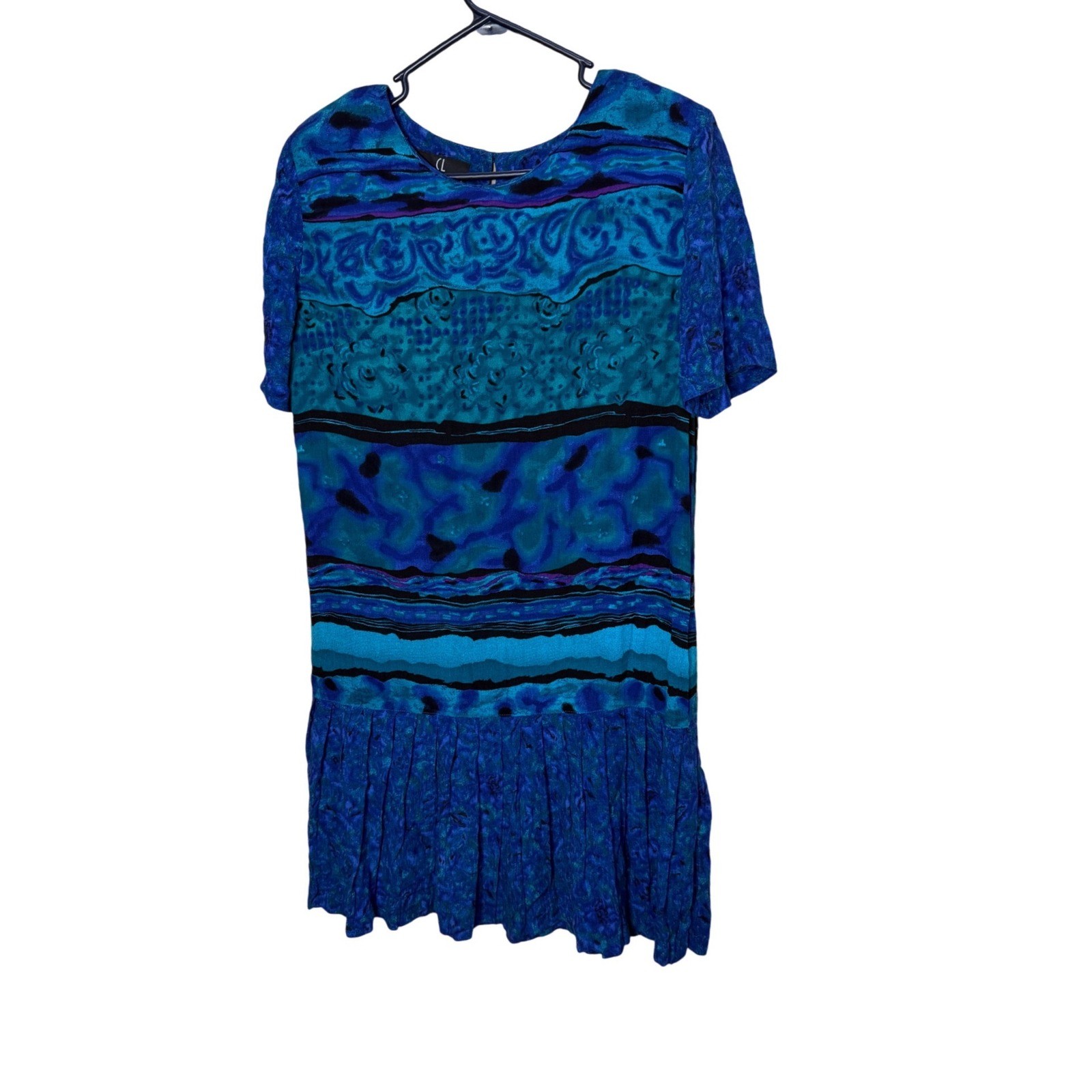 Carole Little Petite Vintage 90s Blue Teal Abstract Rayon Dress 8P