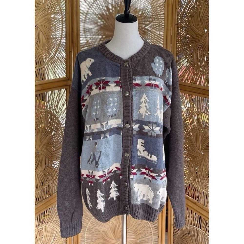 Vintage Northern Reflections Gray Knit Winter Polar Bear Cottage Cardigan XL 90s
