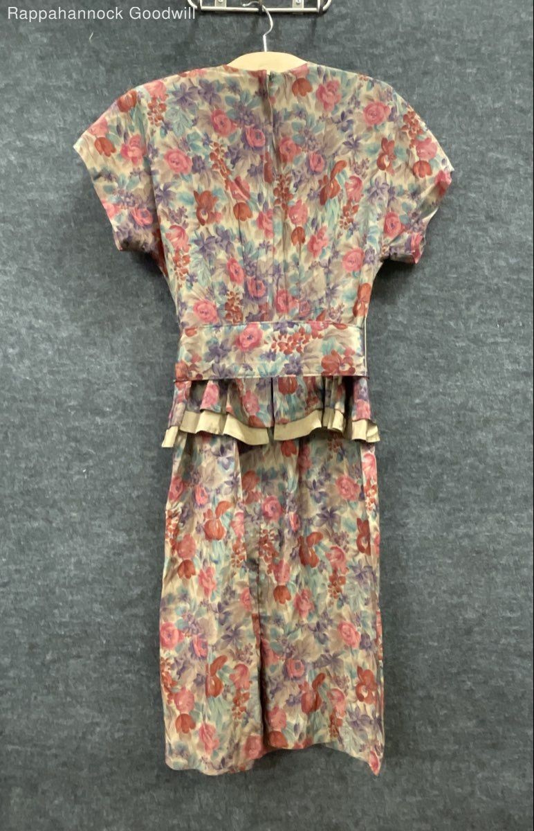 Vintage 80s Dawn Joy Fashions Women’s Multicolor Floral Peplum Belted Dress