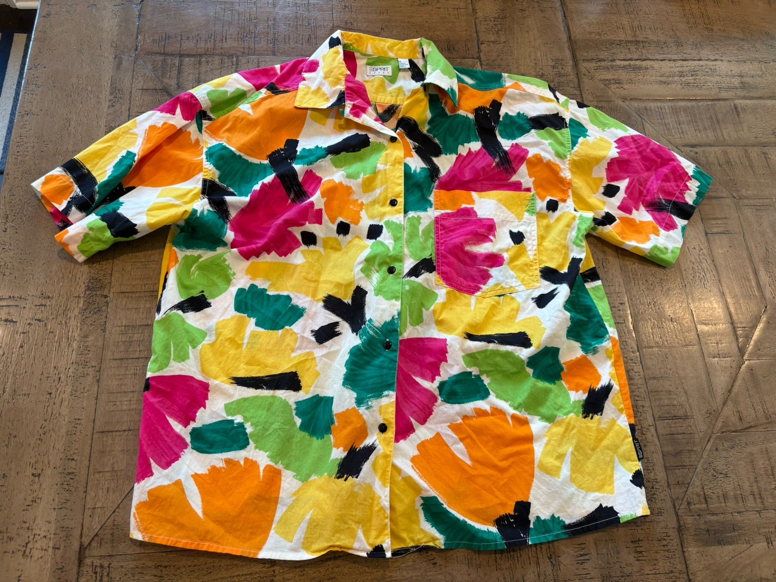 Vintage 80s Esprit Sport Bright Abstract Art To Wear Cotton Blouse Sz M