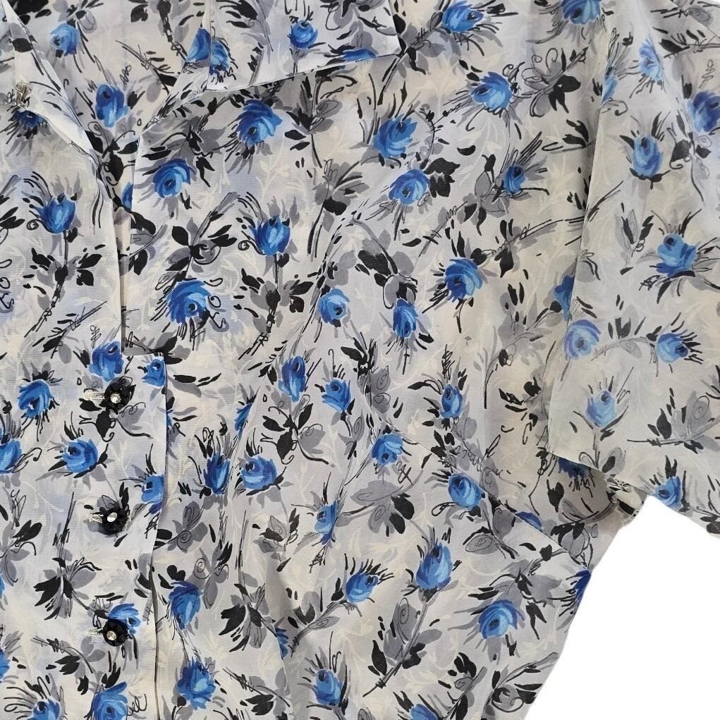 VTG Cay Artley Blue Floral Shirtwaist Dress Pleated Mid Century Rockabilly MEZ