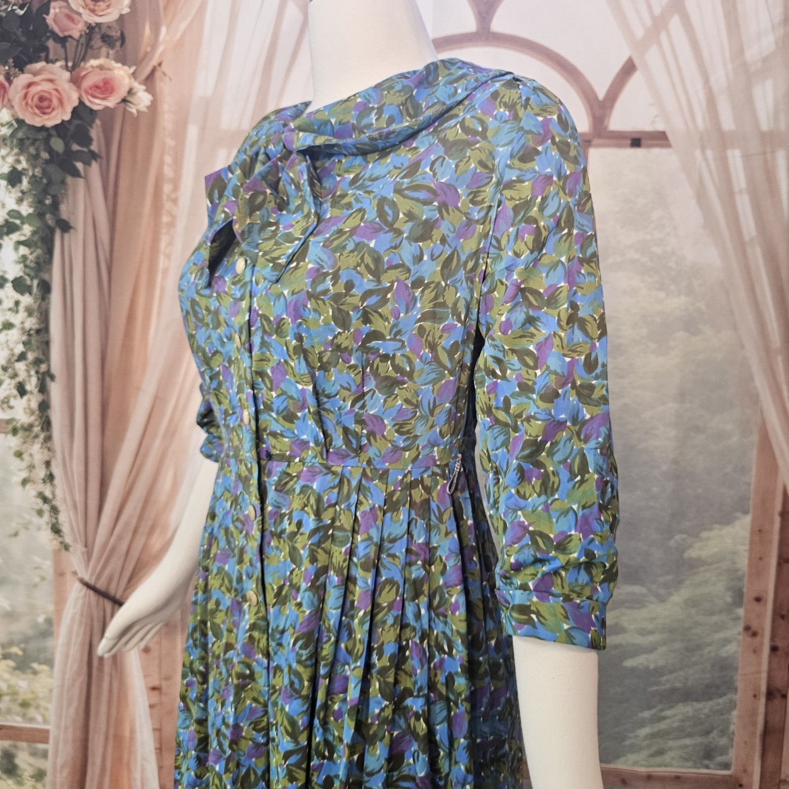 Vintage 1960’s Dress Blue Green Purple Floral Rounded Collar Necktie Retro