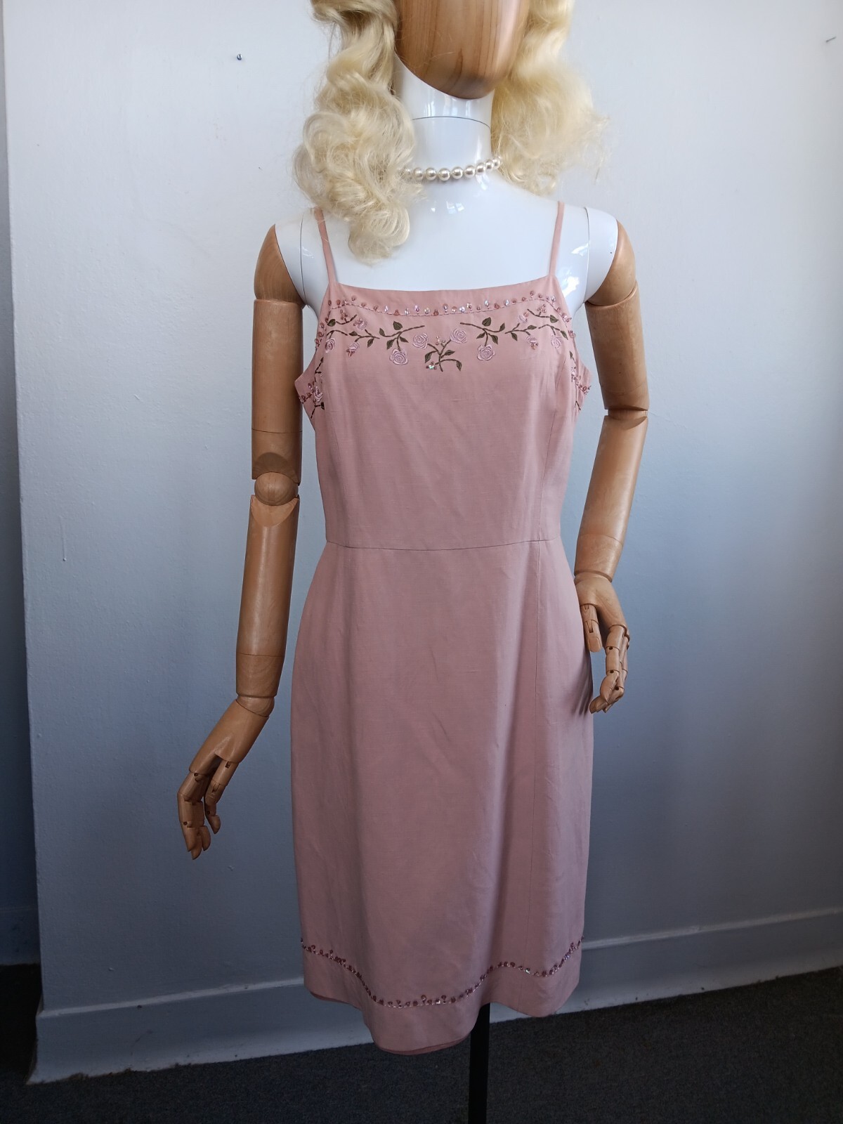 Precious 1990’s Y2K Casual Corner Pink Beaded Linen/Silk Blend Slip Dress