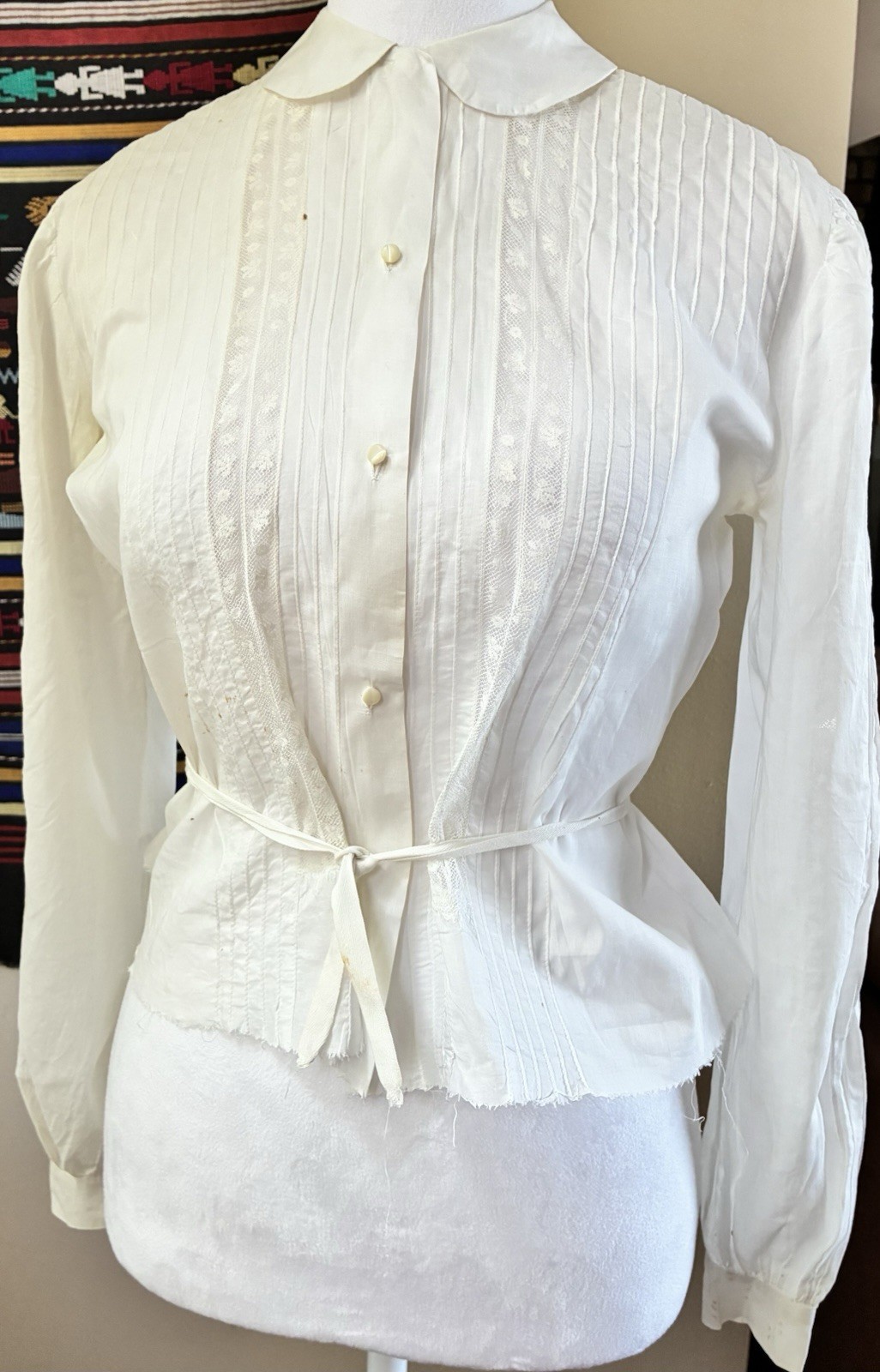 Vintage Handmade 40s White Pintuck Lace Button Up Blouse Top Size M