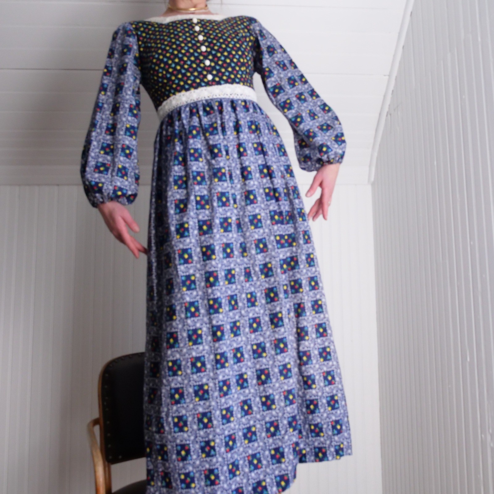 Great vintage 70s calico print maxi peasant dress