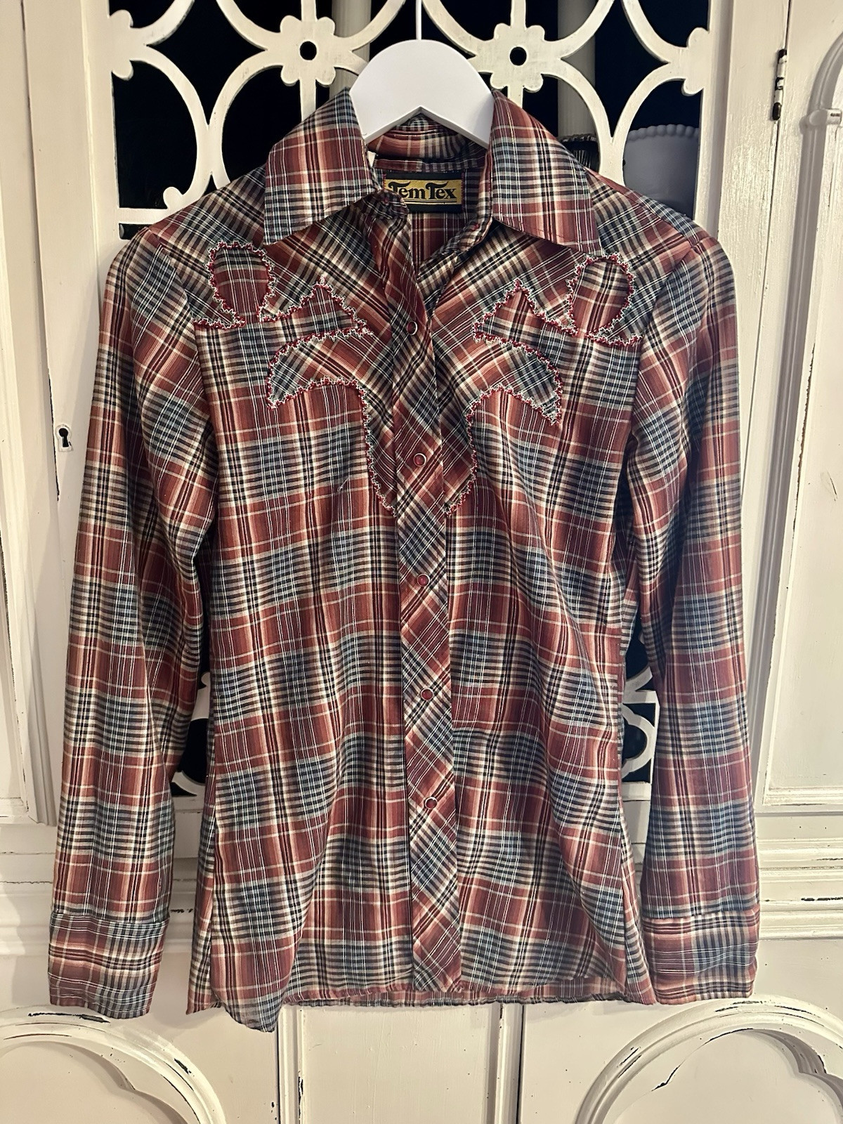 Tem Tex Vintage Western Shirt Embroidered Plaid Button Down Rodeo Cowboy Size 8