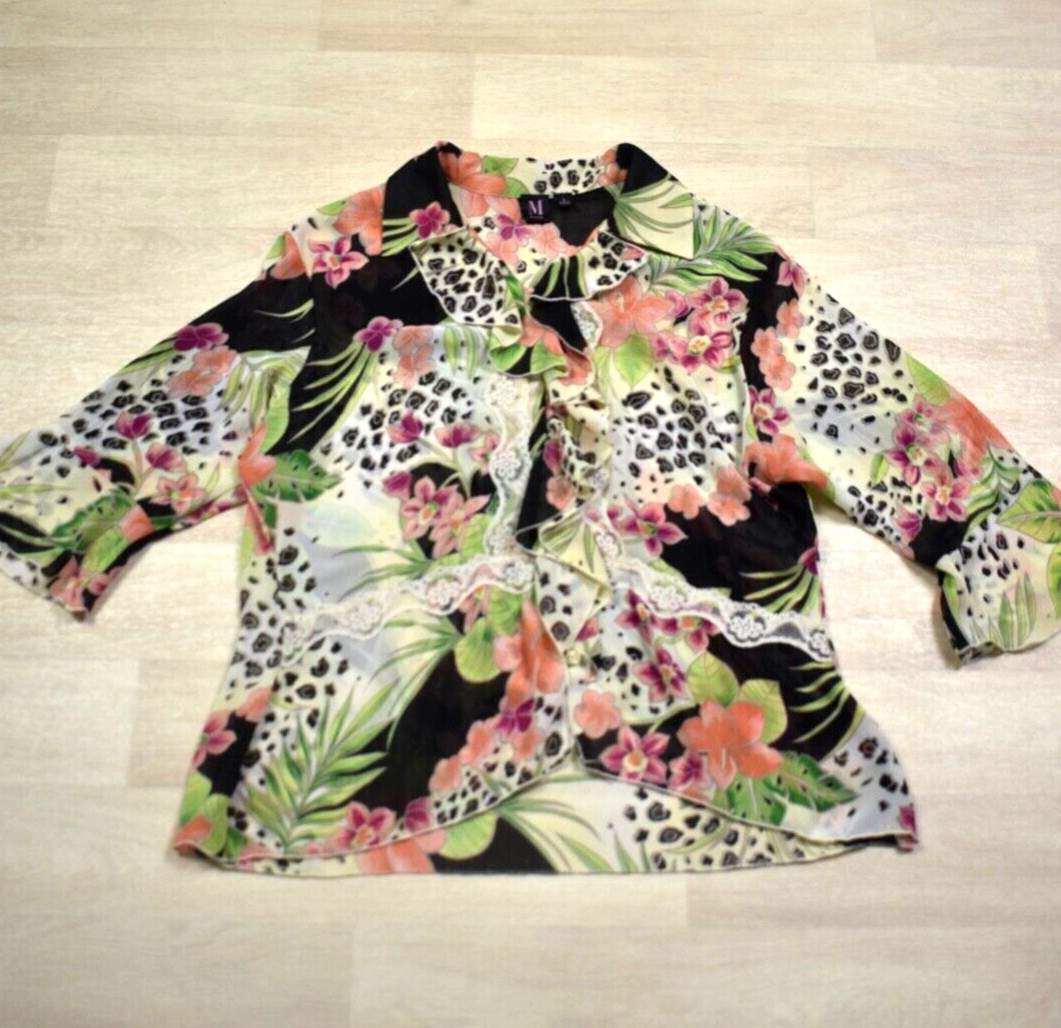 Y2K Milano Leopard Print Tropical Floral Top Blouse Ruffle Small VTG 2000s